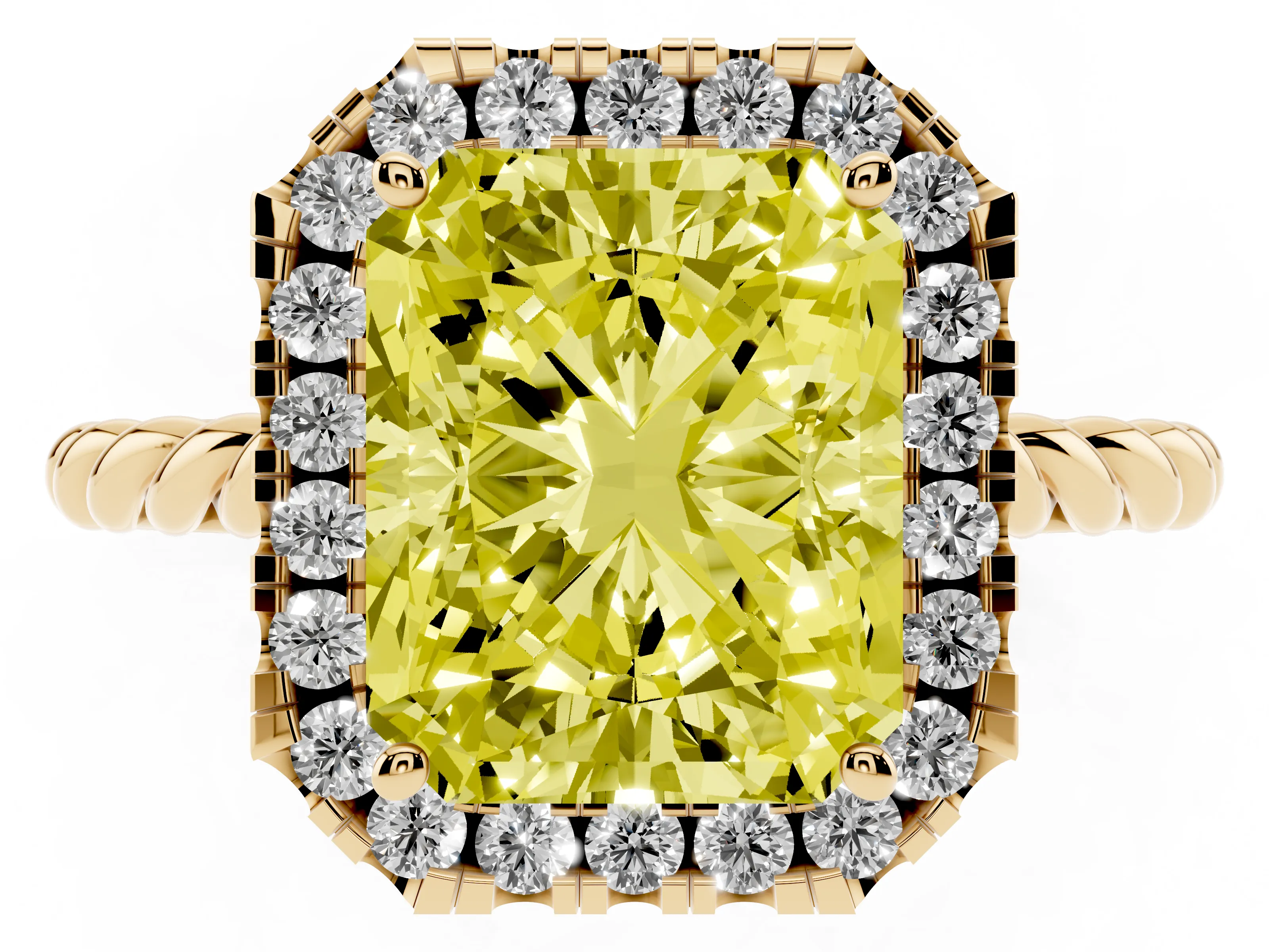 Fancy Yellow Radiant Cut Diamond Halo Ring Set in Yellow gold with Plain Twisted Band