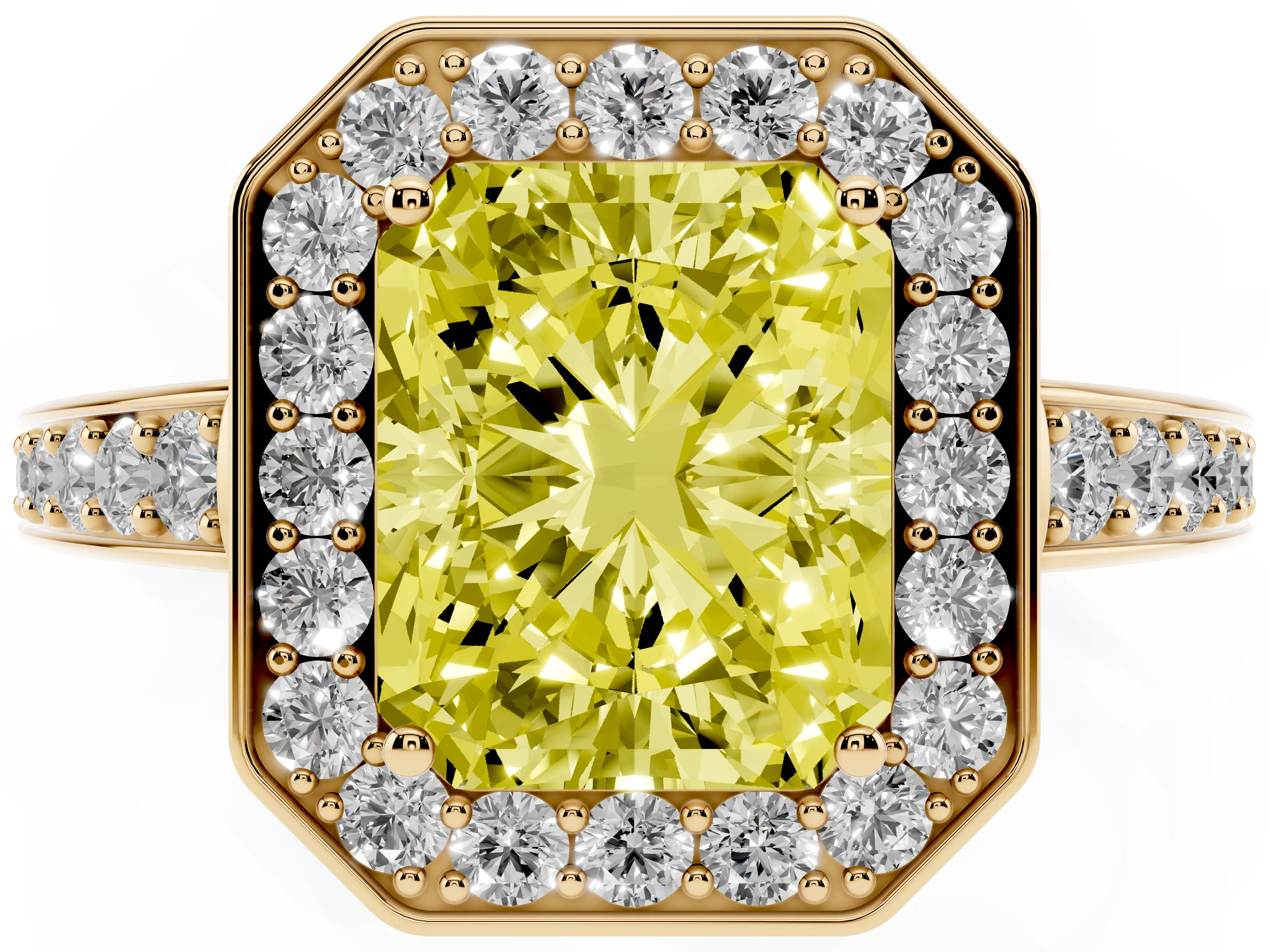 Fancy Yellow Radiant Cut Diamond Halo Pavé Engagement Ring Set in Yellow gold with Bezel Setting