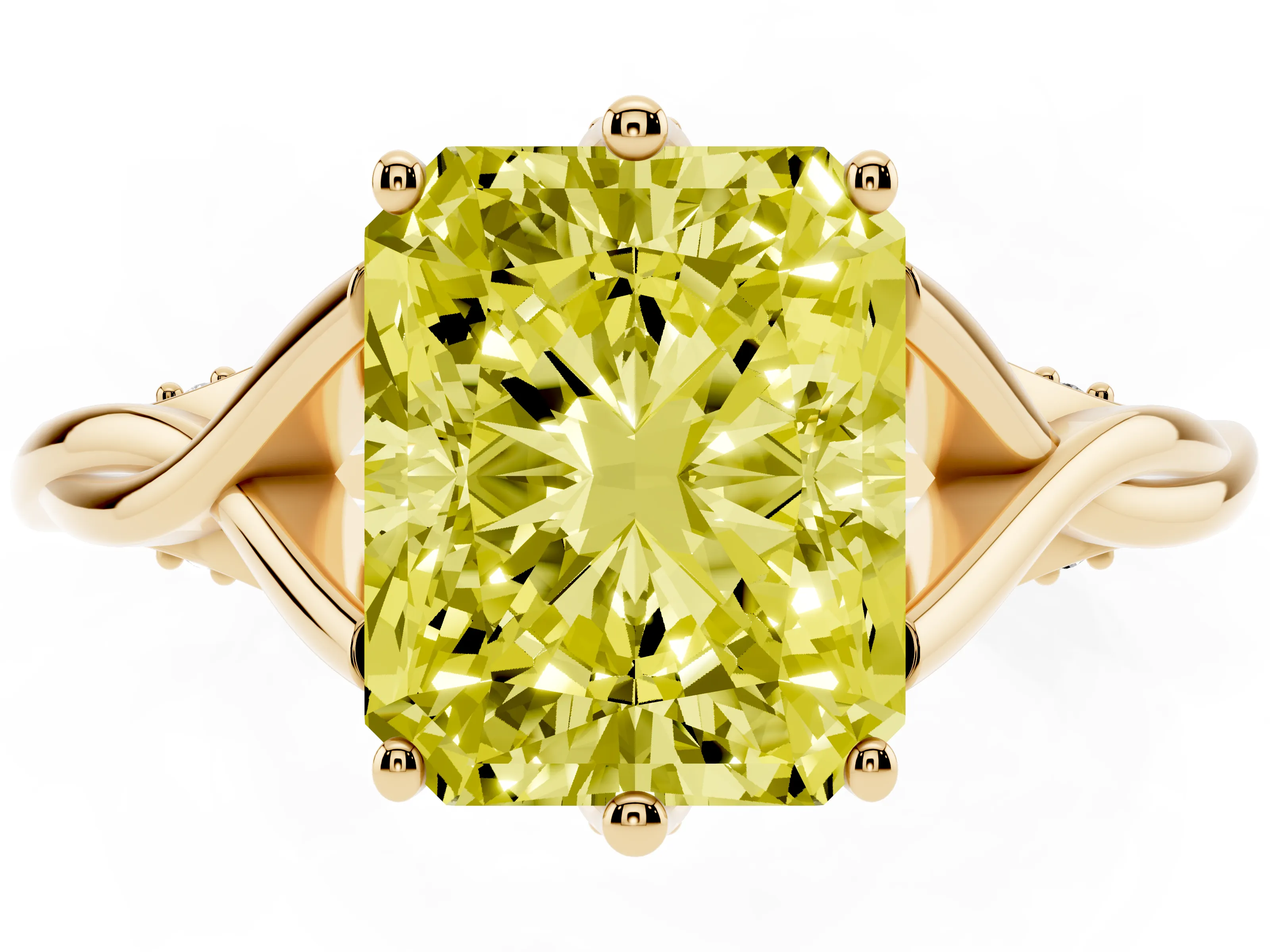 Fancy Yellow Radiant Cut Diamond Intertwined Twist Band Solitaire Ring Set in Yellow gold with Prong Setting