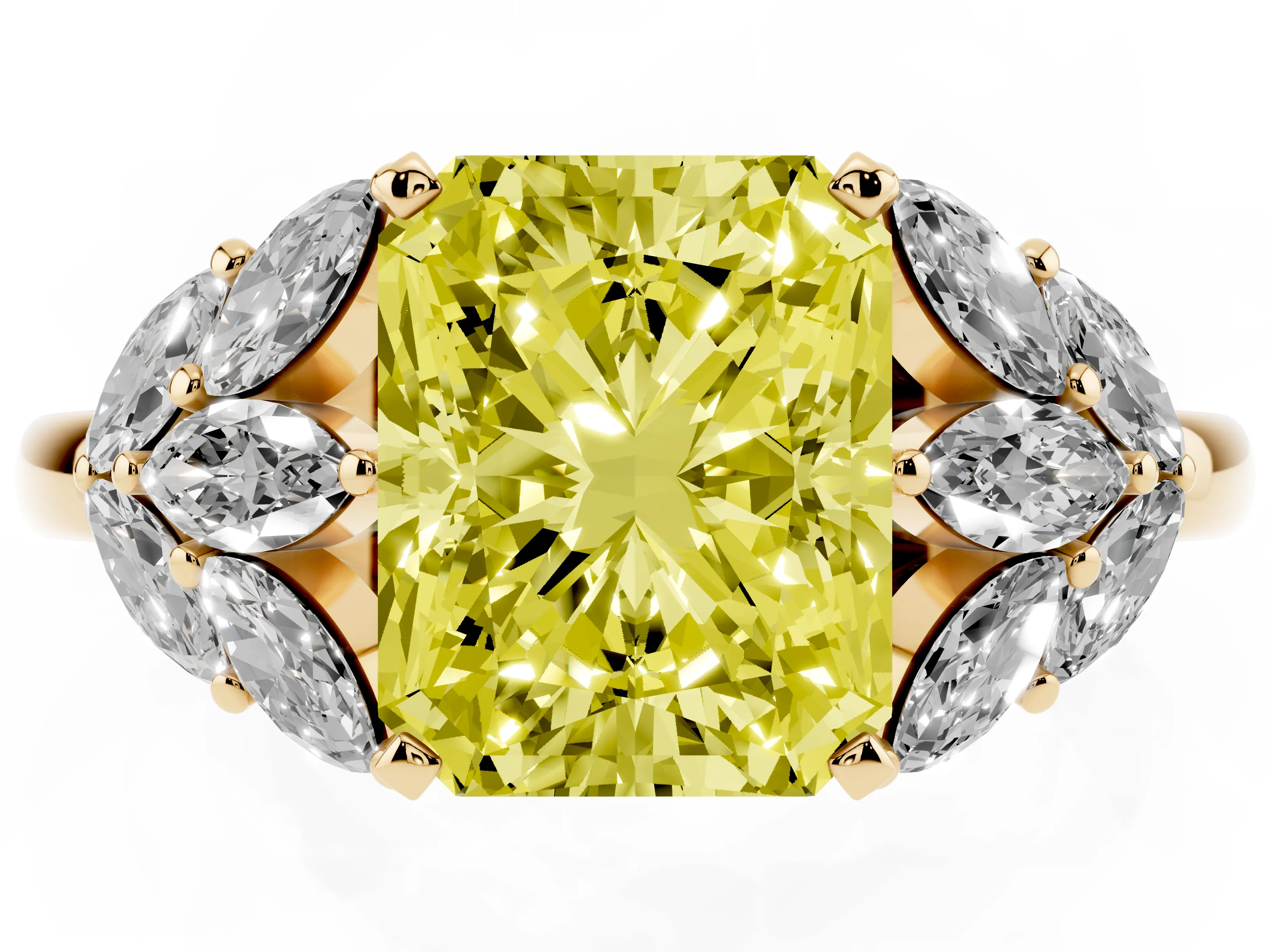 Fancy Yellow Radiant Cut Diamond Cluster Leaf Design Ring Set in Yellow gold with Prong Setting
