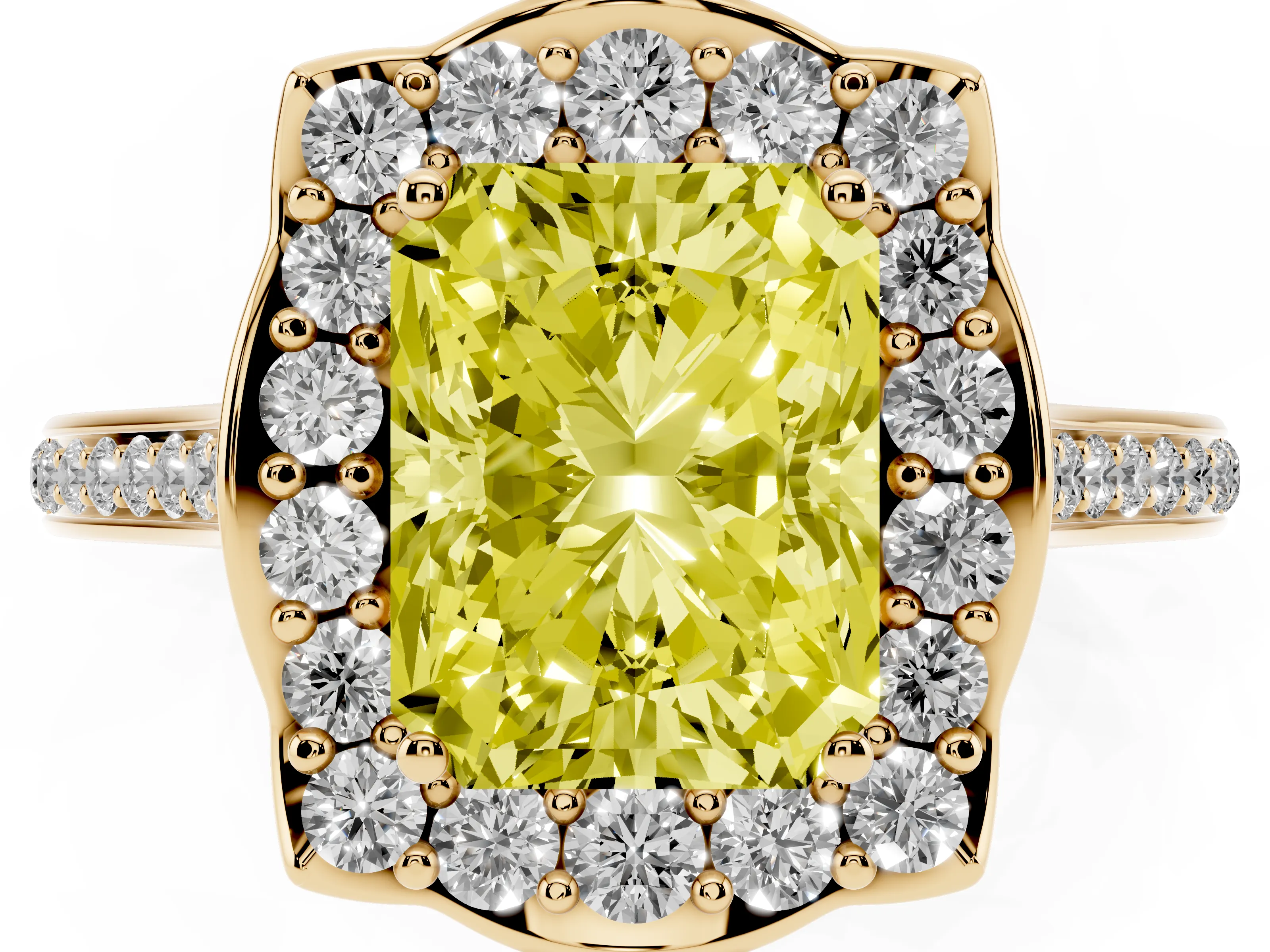 Fancy Yellow Radiant Cut Diamond Halo Ring Set in Yellow gold with Pavé-Lined Shoulders and Prong Setting
