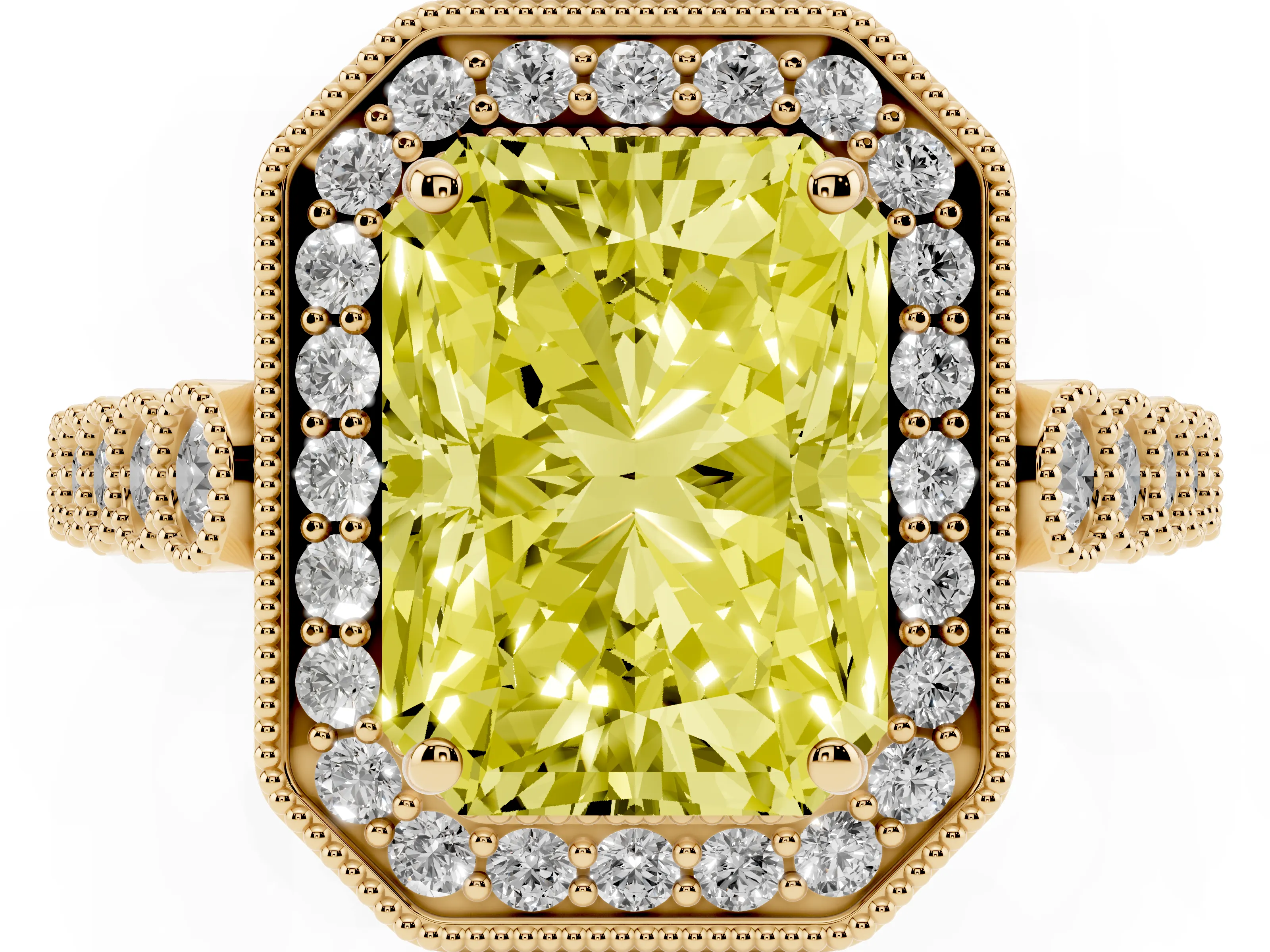 Fancy Yellow Radiant Cut Diamond Milgrain Halo Solitaire Ring Set in Yellow gold with Bezel Set Side Stones and Pavé Band
