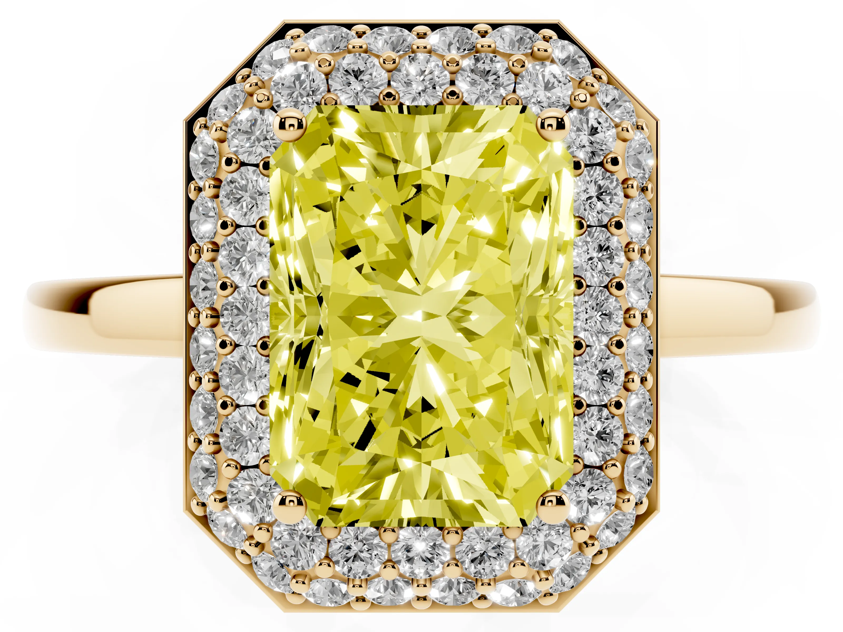 Fancy Yellow Radiant Cut Diamond Halo Engagement Ring Set in Yellow gold with Solitaire Band and Prong Setting
