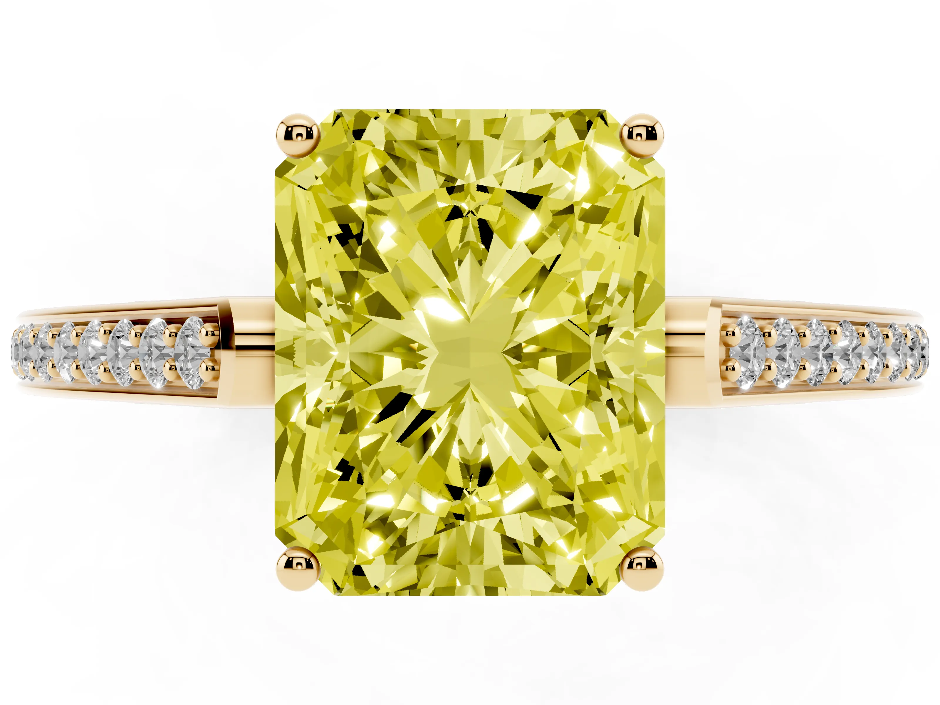 Fancy Yellow Radiant Cut Diamond Cathedral Pavé Engagement Ring Set in Yellow gold with Prong Setting