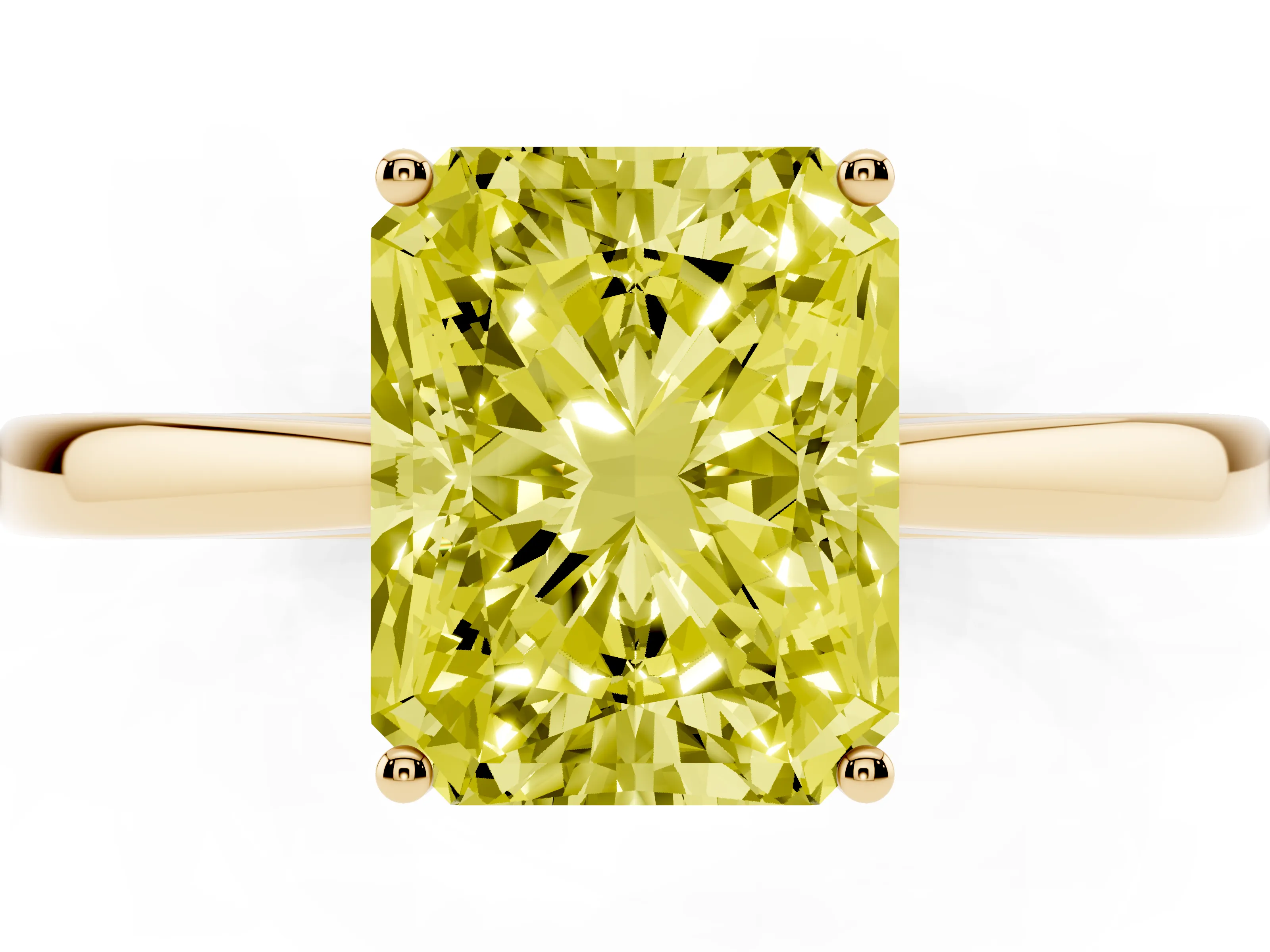 Fancy Yellow Radiant Cut Diamond Solitaire Ring Set in Yellow gold with Split Shank and Prong Setting