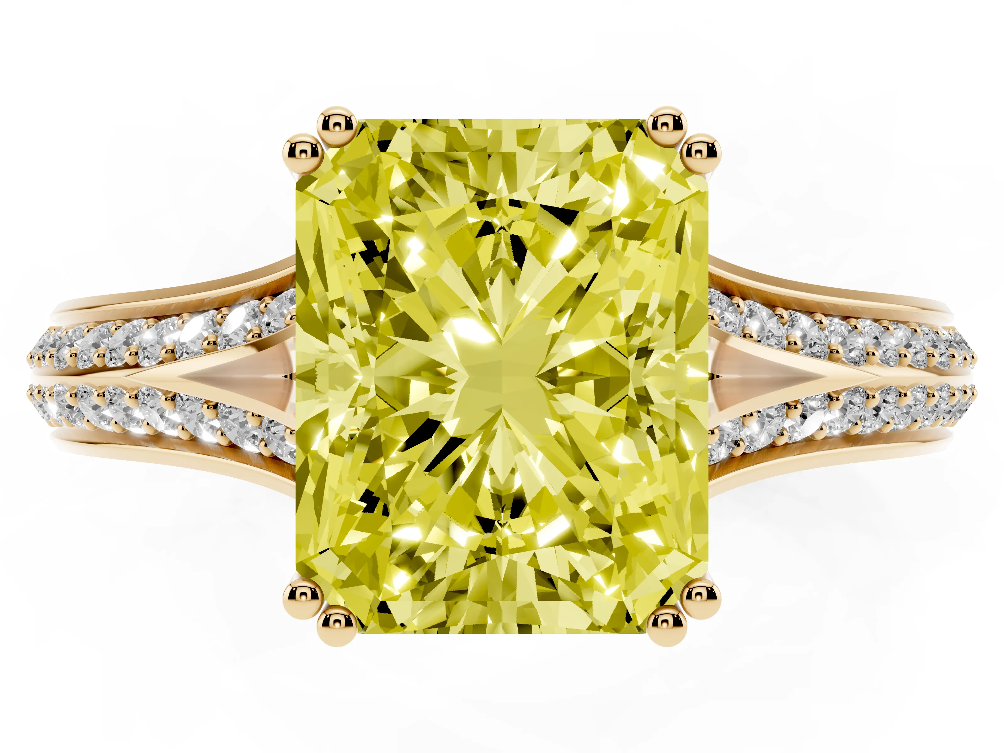 Fancy Yellow Radiant Cut Diamond Split Shank Pavé Engagement Ring Set in Yellow gold with Prong-Set Center Stone