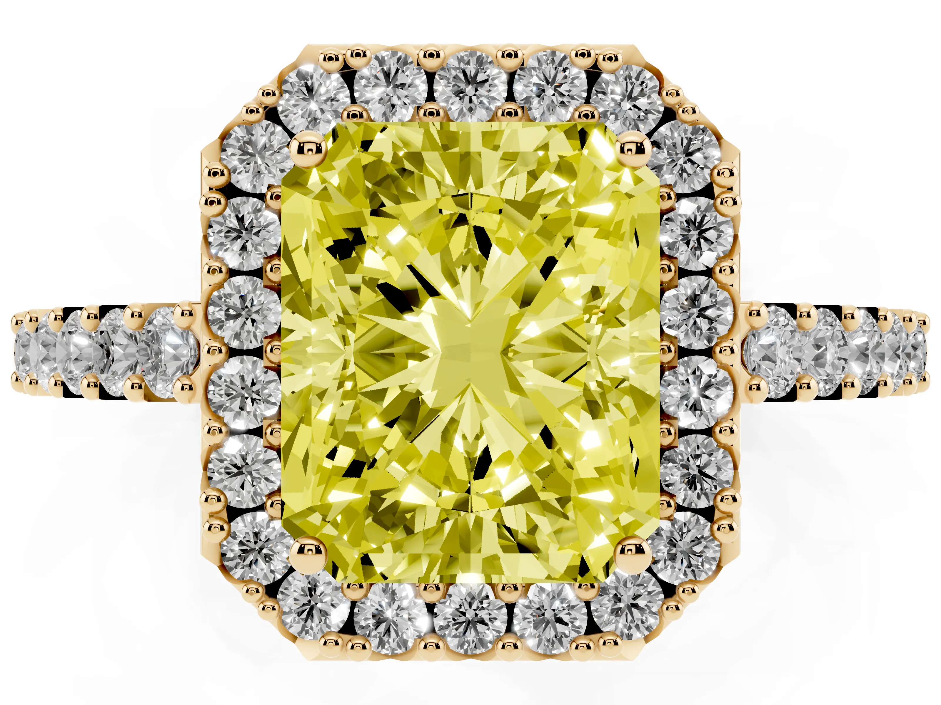 Fancy Yellow Radiant Cut Diamond Halo Pavé Solitaire Ring Set in Yellow gold with Prong-Set Center Stone