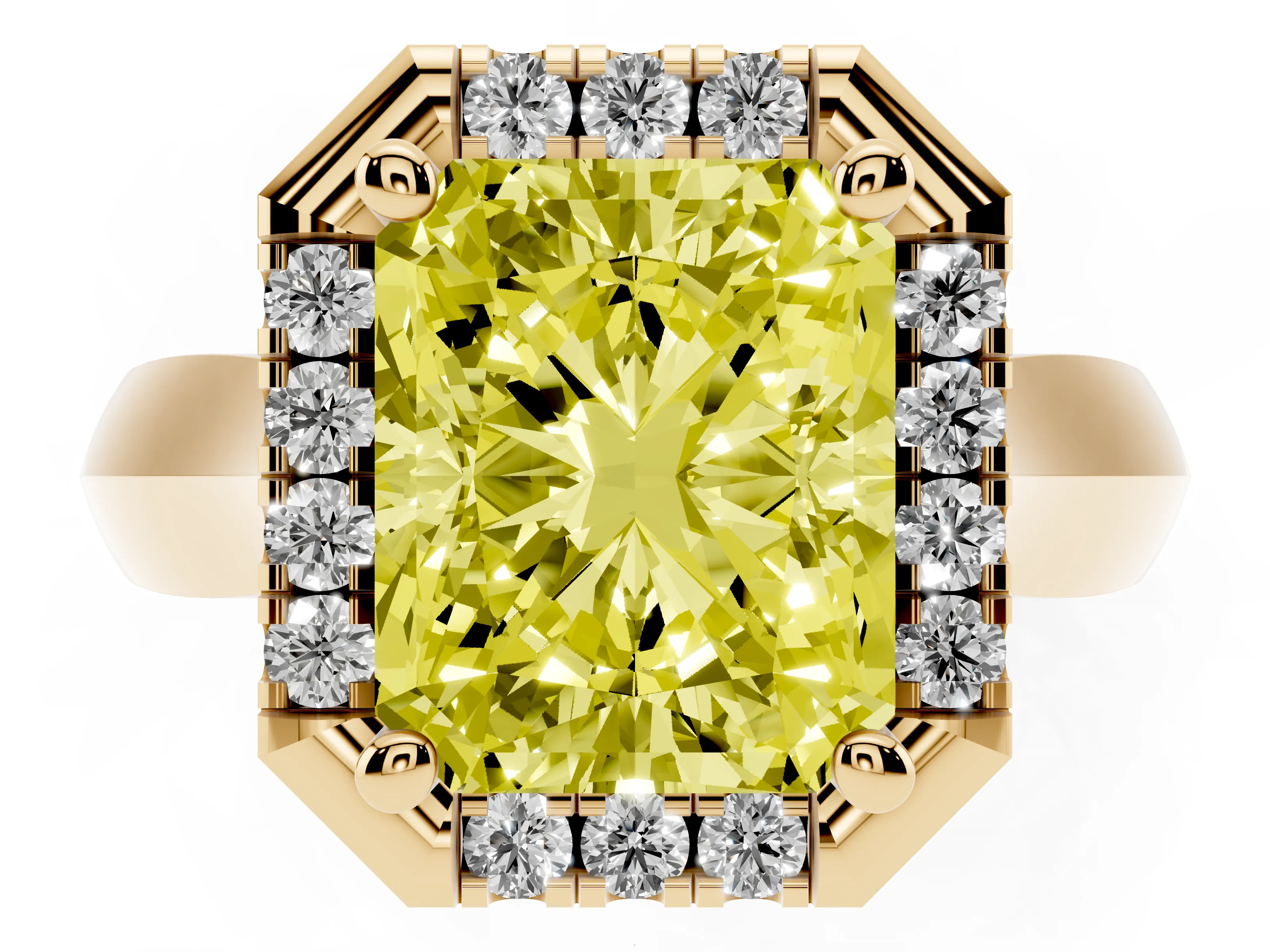 Fancy Yellow Radiant Cut Diamond Halo Solitaire Engagement Ring Set in Yellow gold with Square Band and Prong Setting