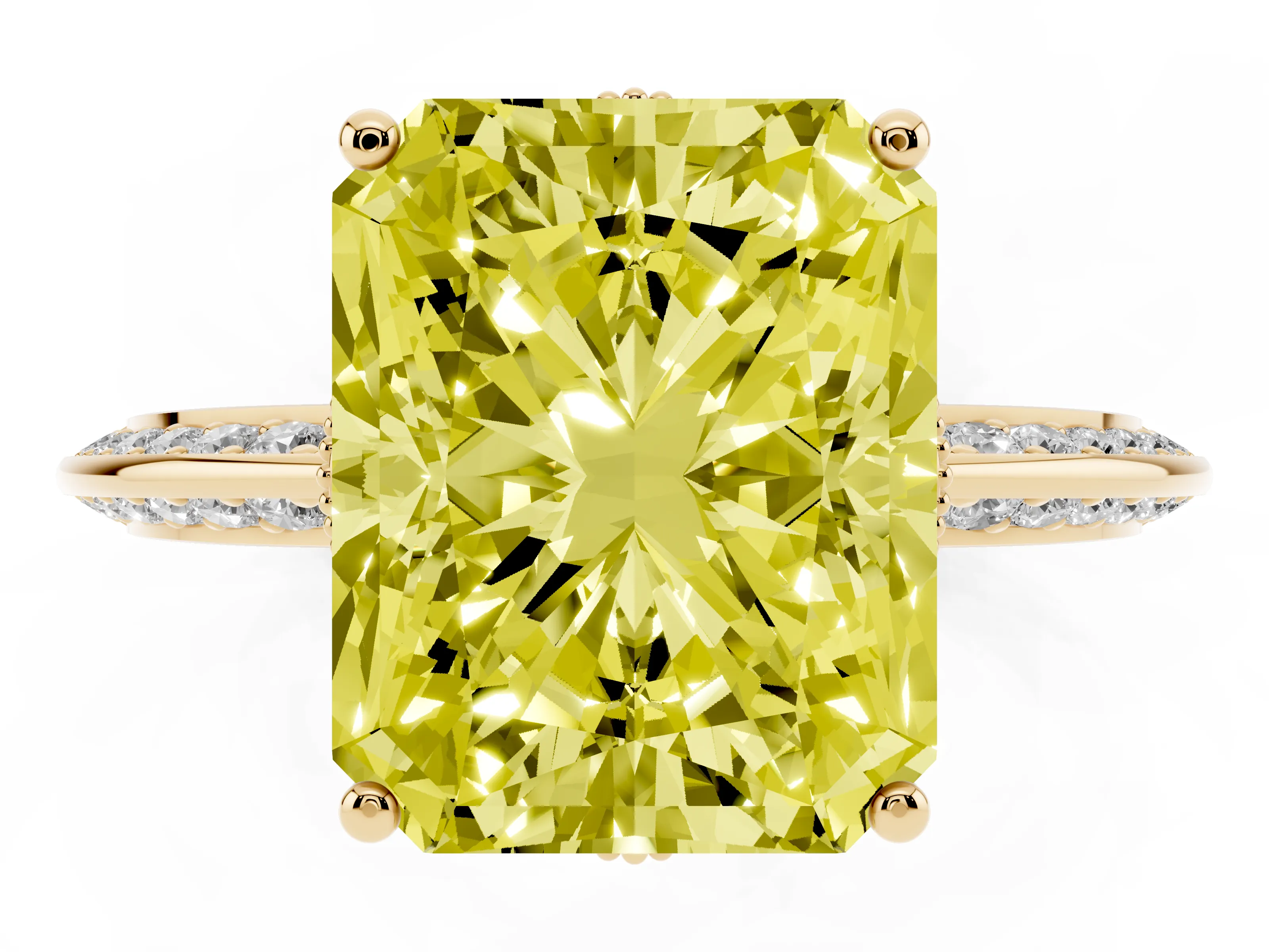 Fancy Yellow Radiant Cut Diamond Solitaire Engagement Ring Set in Yellow gold with Pavé Split Shank and Prong Setting