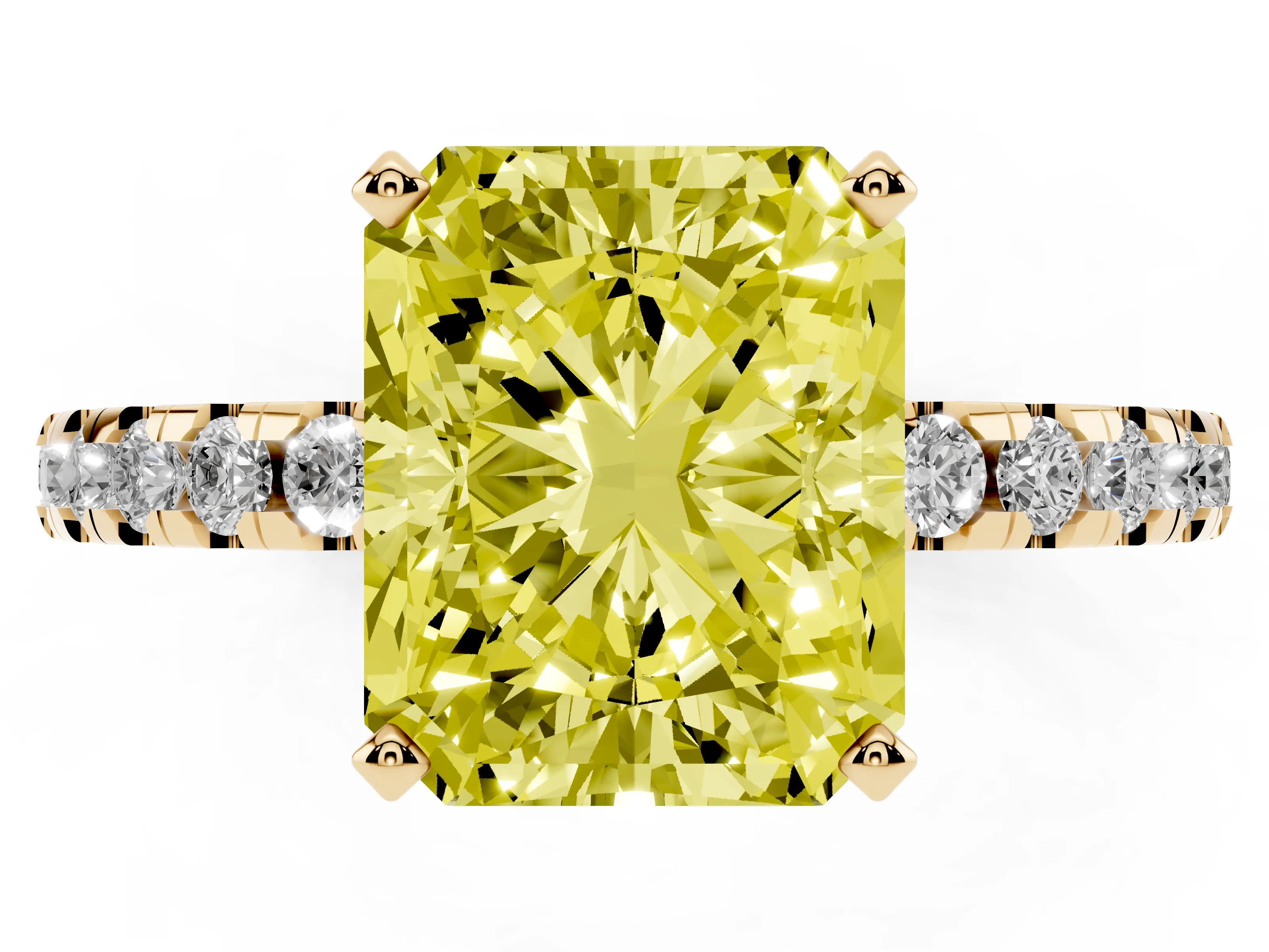 Fancy Yellow Radiant Cut Diamond Pavé Solitaire Ring Set in Yellow gold with Round Band Accents and Prong Setting