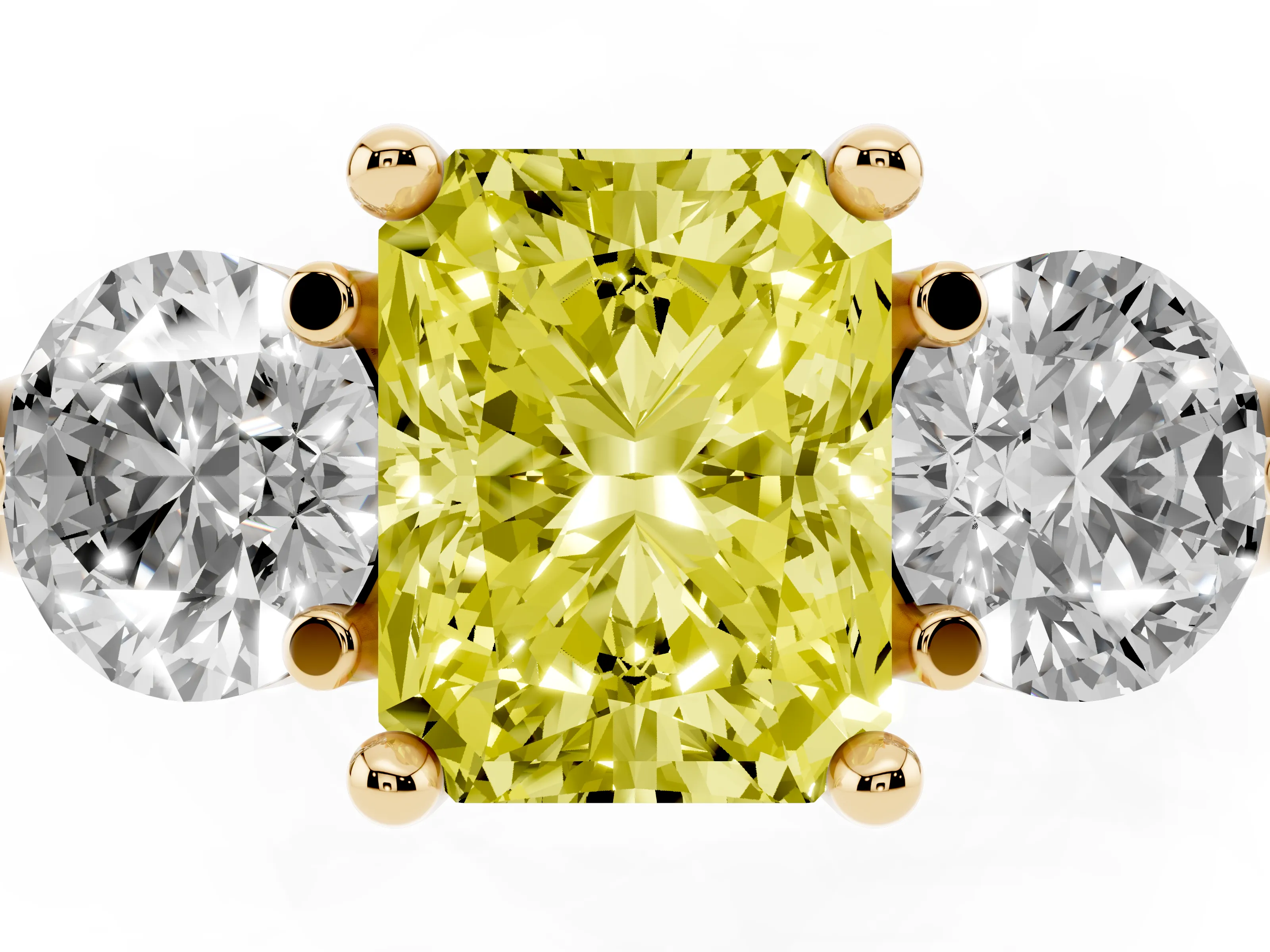 Fancy Yellow Radiant Cut Diamond Three-Stone Ring Set in Yellow gold with Prong Setting and Classic Band