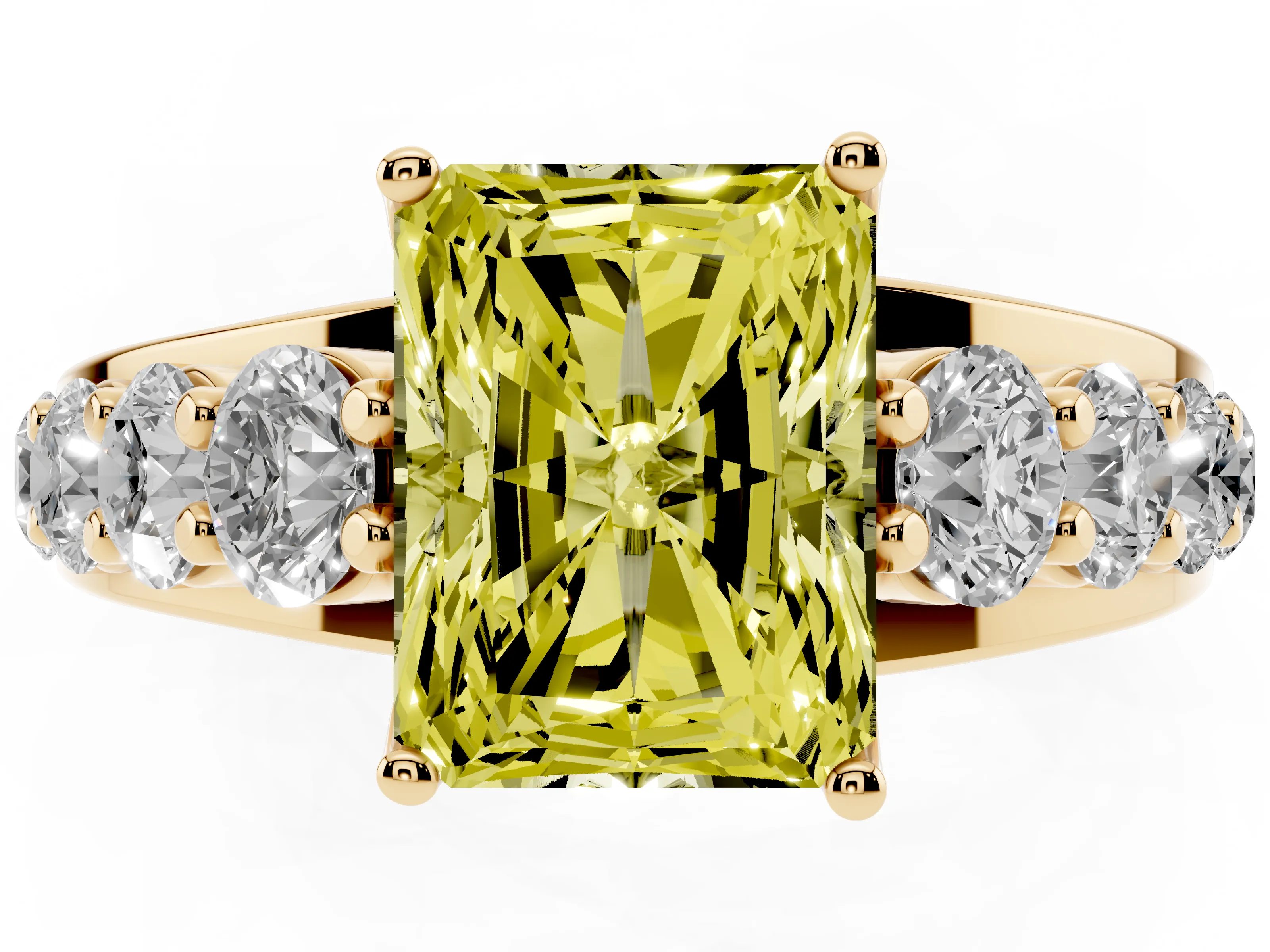 Fancy Yellow Radiant Cut Diamond Pavé Engagement Ring Set in Yellow gold with Prong Setting