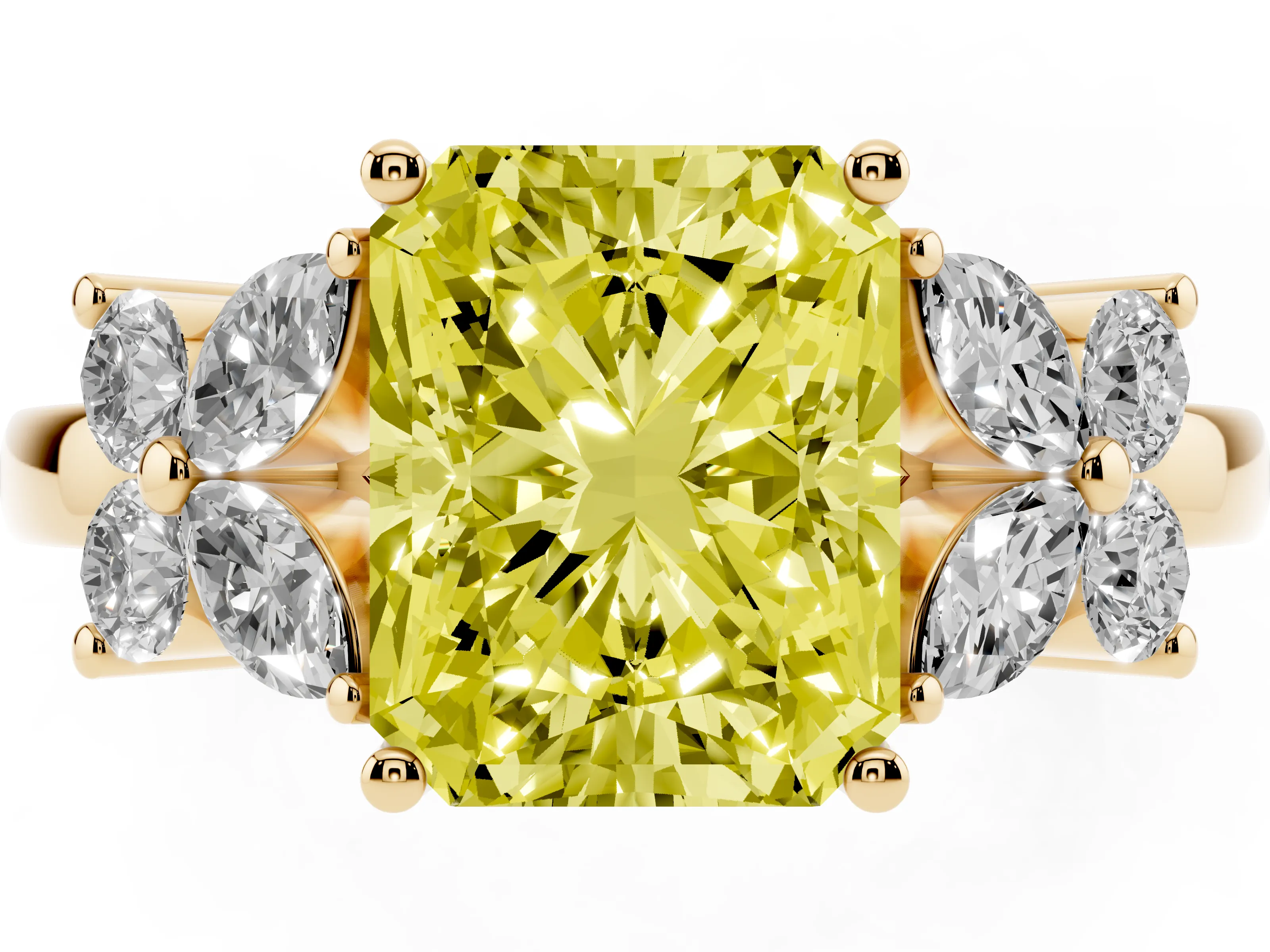 Fancy Yellow Radiant Cut Diamond Floral Cluster Ring Set in Yellow gold with Marquise Petals and Prong Setting