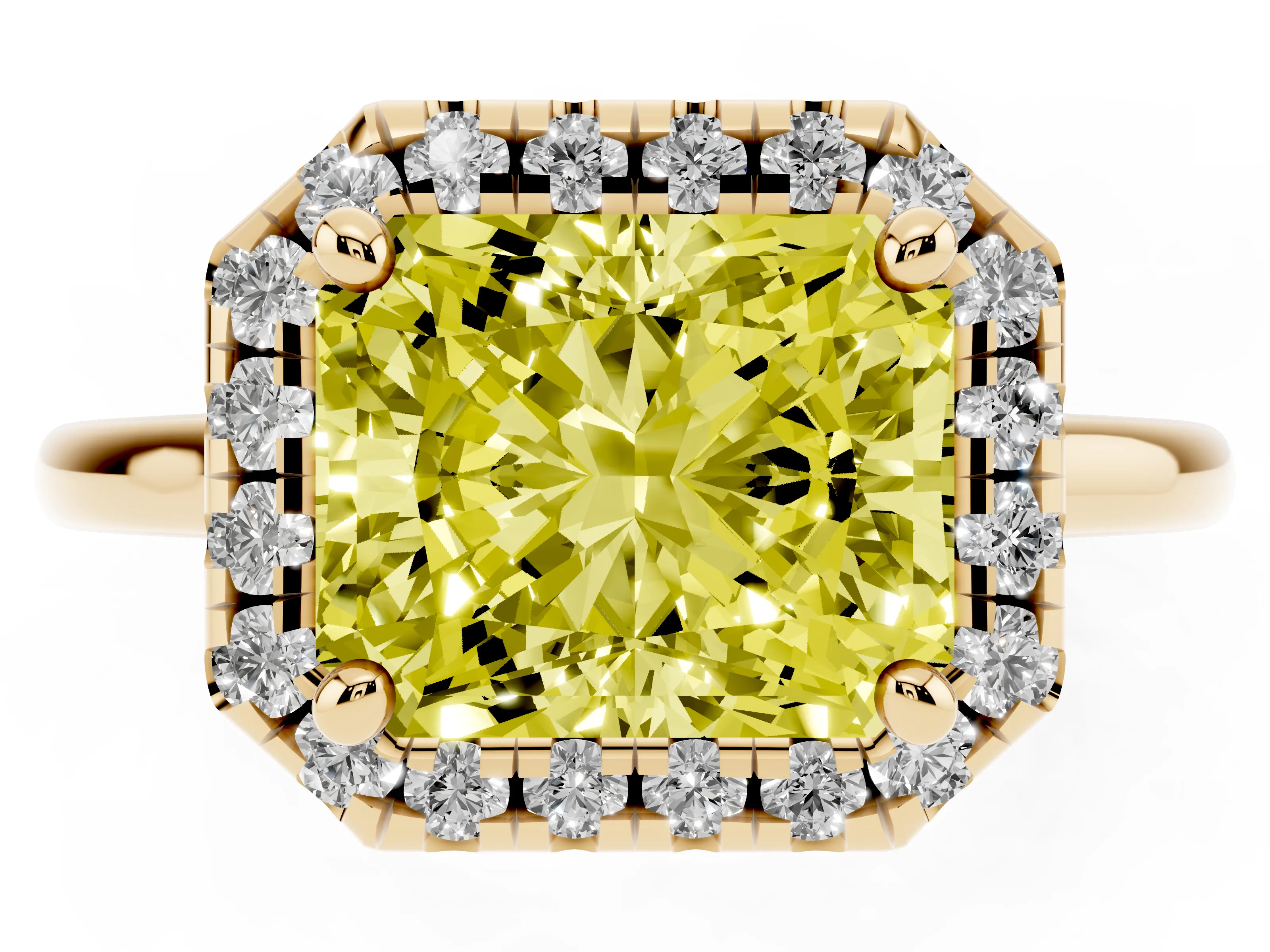 Fancy Yellow Radiant Cut Diamond Halo Engagement Ring Set in Yellow gold with Pavé Band and Rising Shoulders