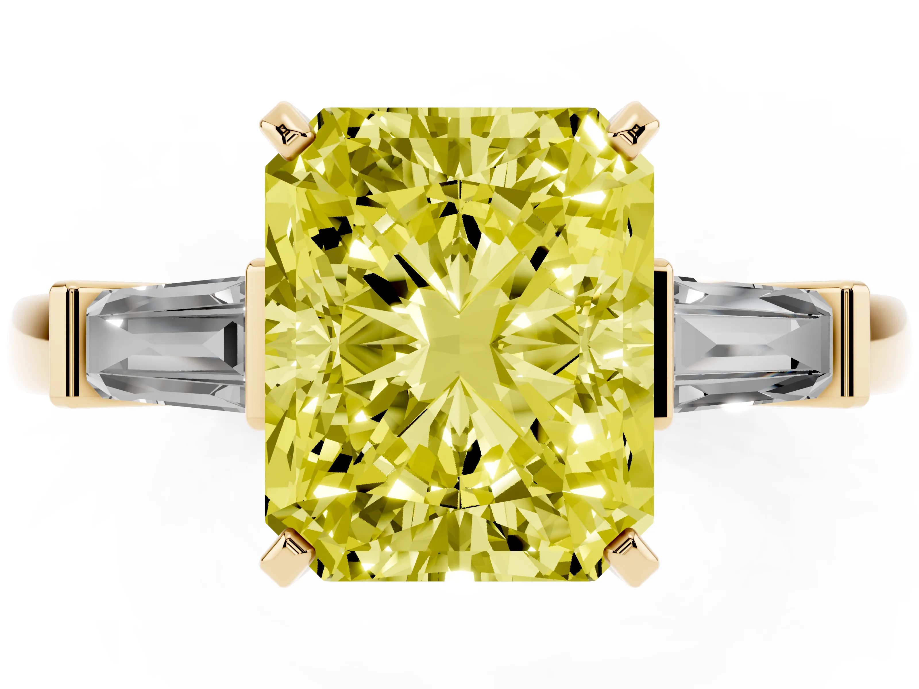 Fancy Yellow Radiant Cut Diamond Solitaire Ring Set in Yellow gold with Tapered Baguette Accents and Prong Setting