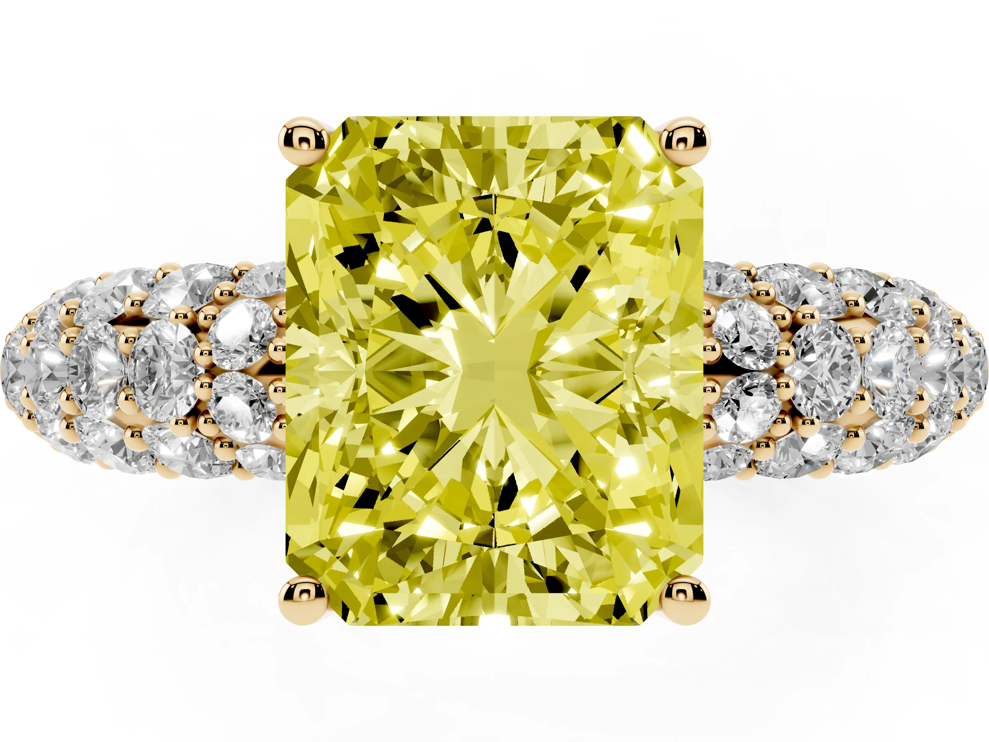 Fancy Yellow Radiant Cut Diamond Pavé Band Solitaire Ring Set in Yellow gold with Close-Set Accent Stones and Prong Setting