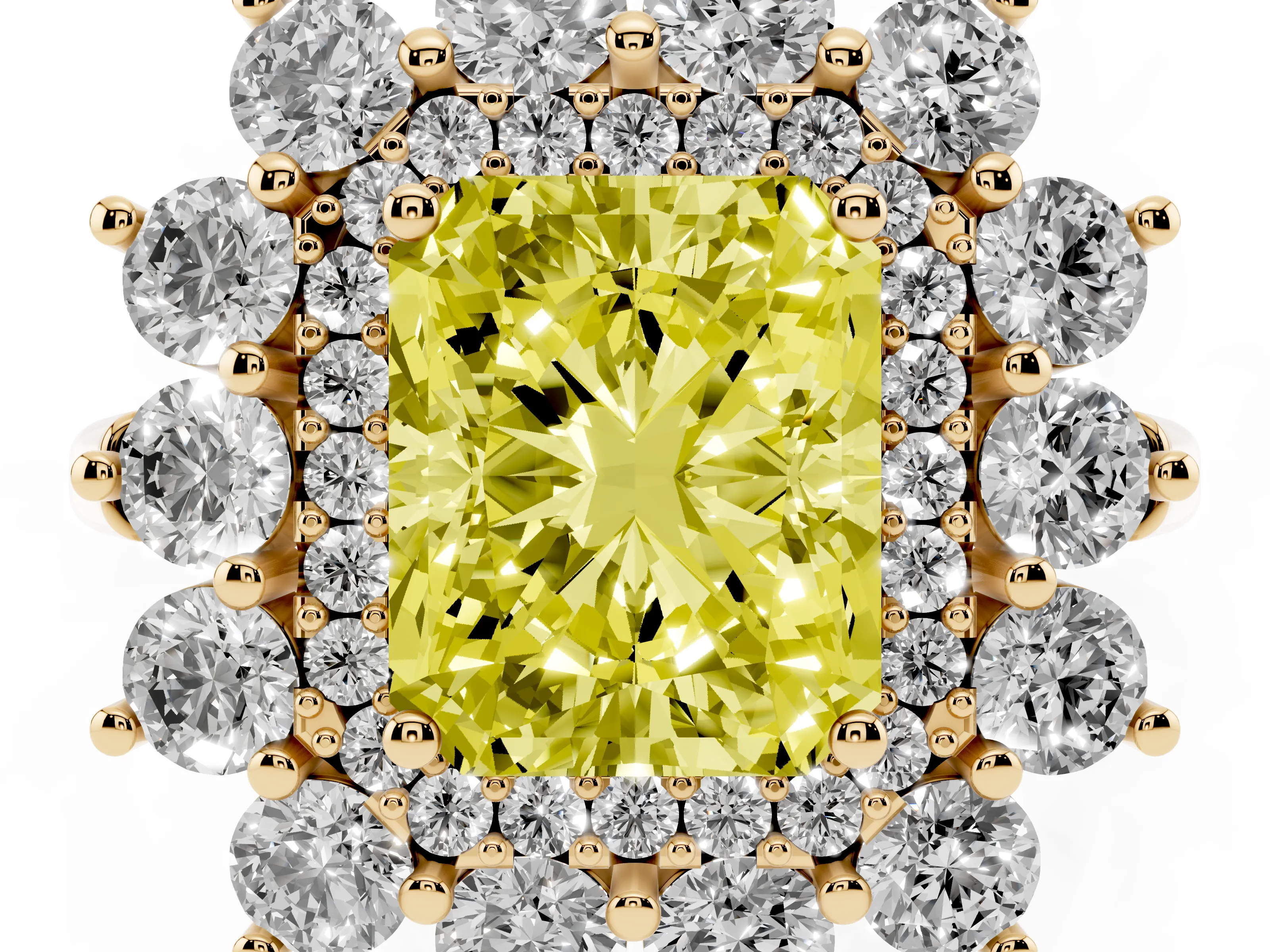 Fancy Yellow Radiant Cut Diamond Floral Double Halo Ring Set in Yellow gold with Round Petals