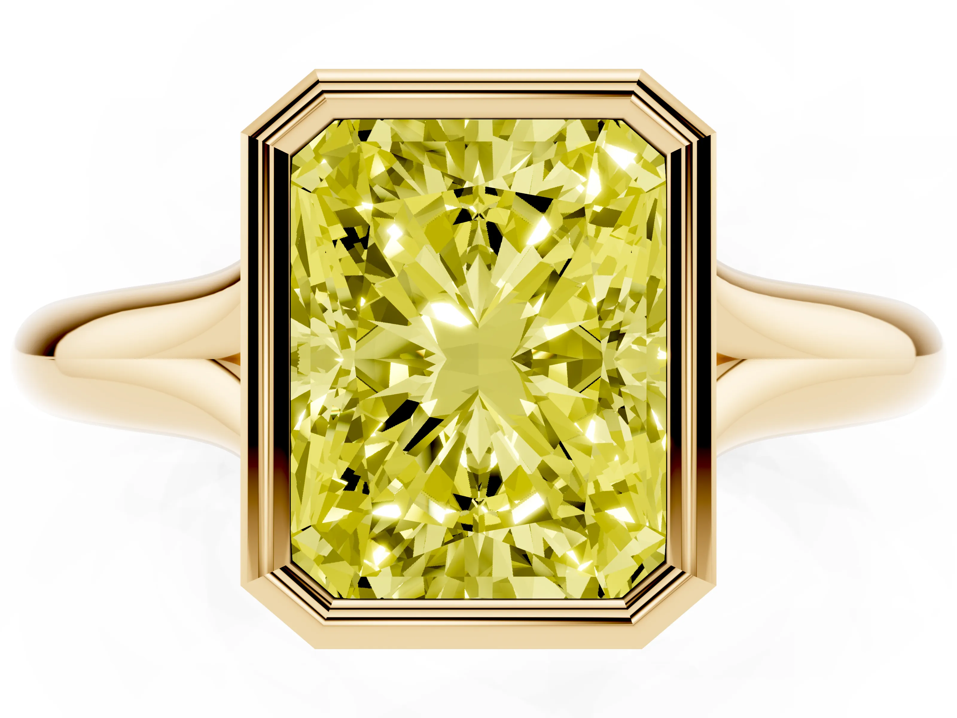 Fancy Yellow Bezel Set Radiant Cut Diamond Solitaire Ring Set in Yellow gold with Smooth Band