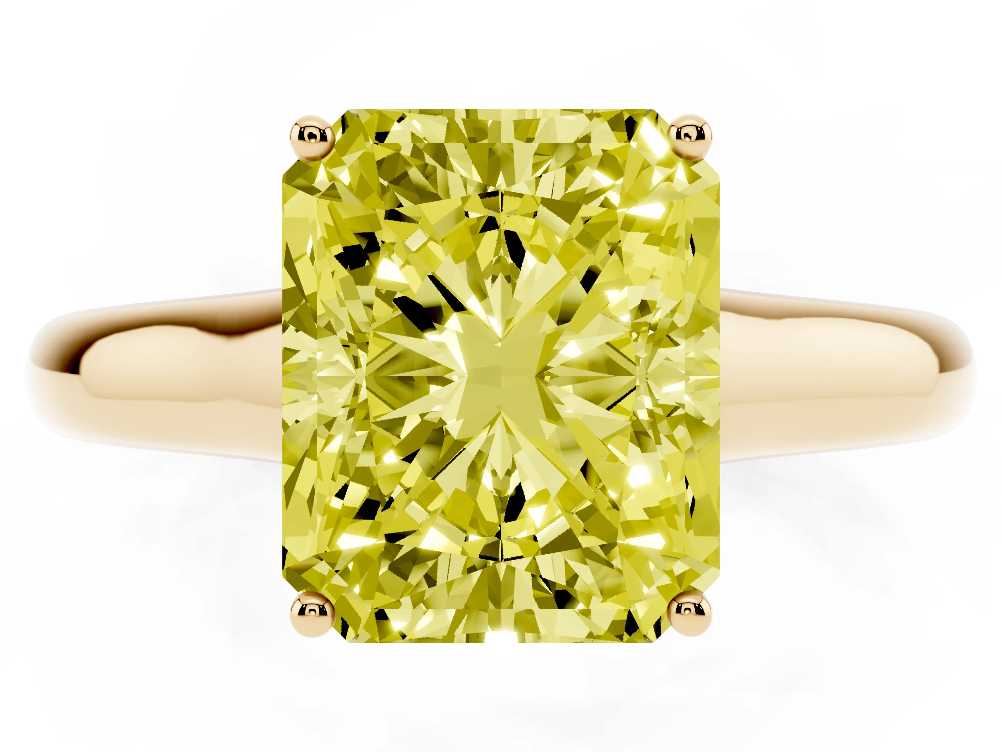Fancy Yellow Radiant Cut Diamond Solitaire Engagement Ring Set in Yellow gold with Subtly Tapered Band and Prong Setting