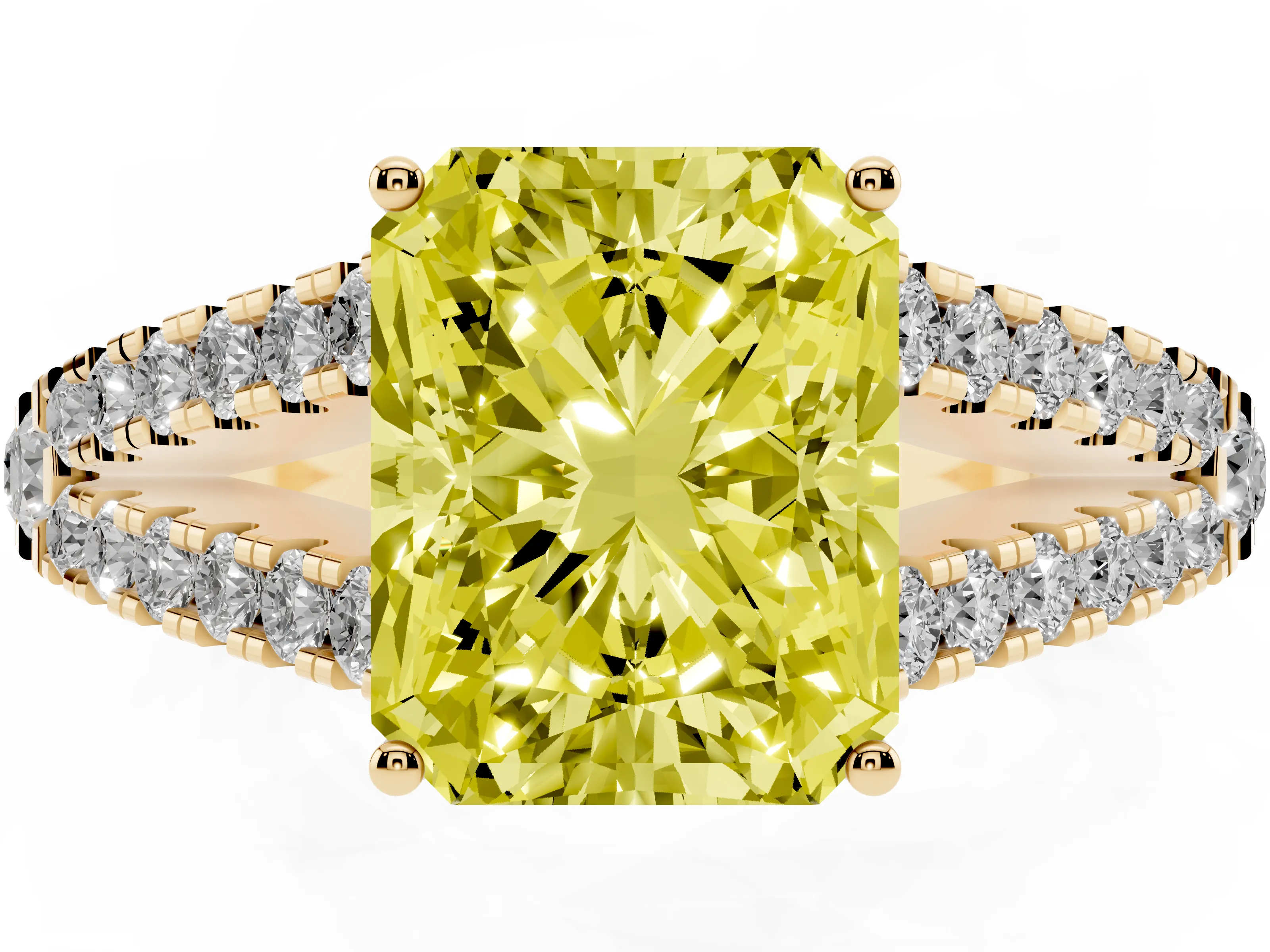Fancy Yellow Radiant Cut Diamond Split Shank Pavé Engagement Ring Set in Yellow gold with Prong-Held Center Stone