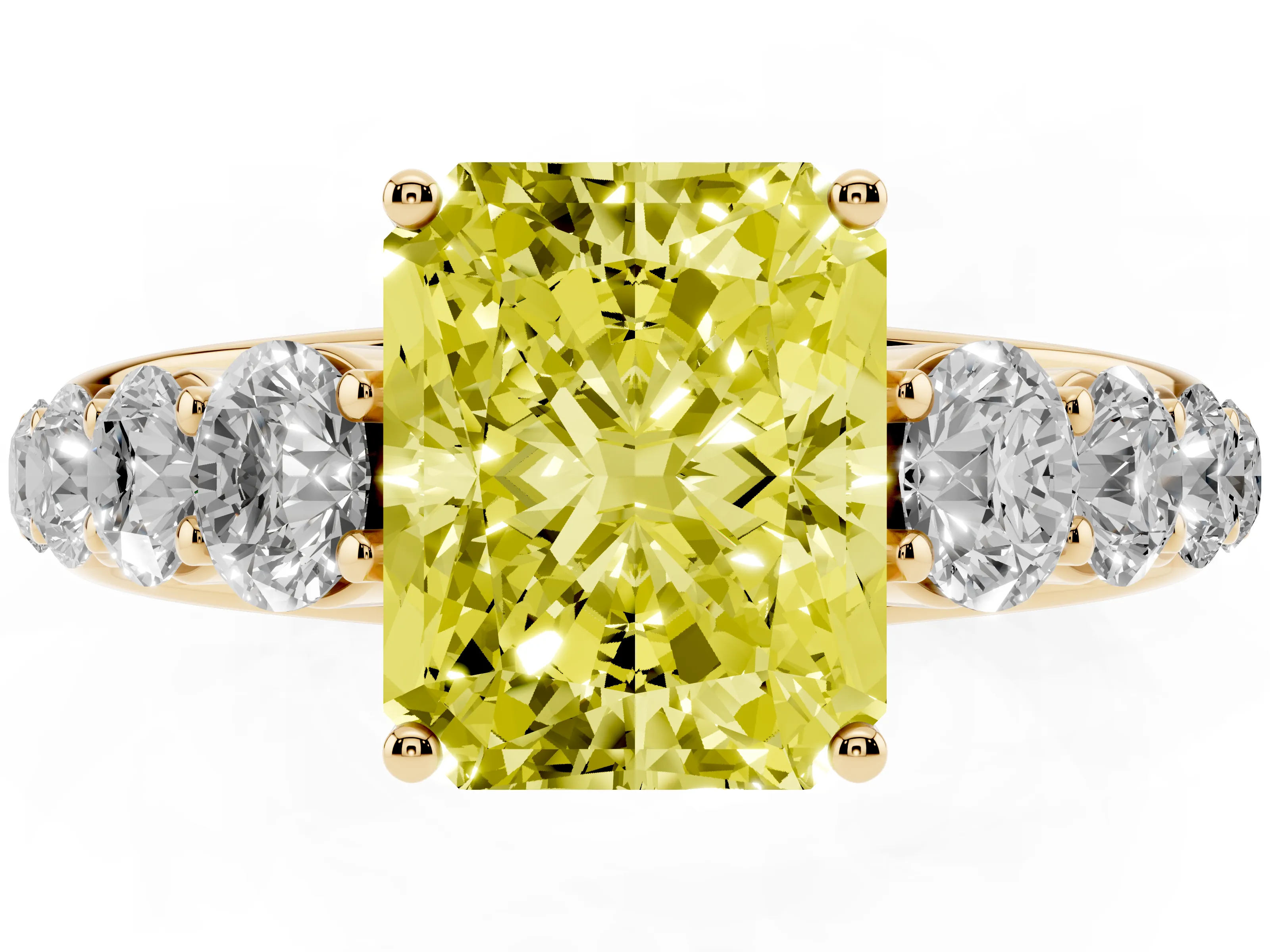 Fancy Yellow Radiant Cut Diamond Solitaire Ring Set in Yellow gold with Pavé-Set Band and Prong Setting