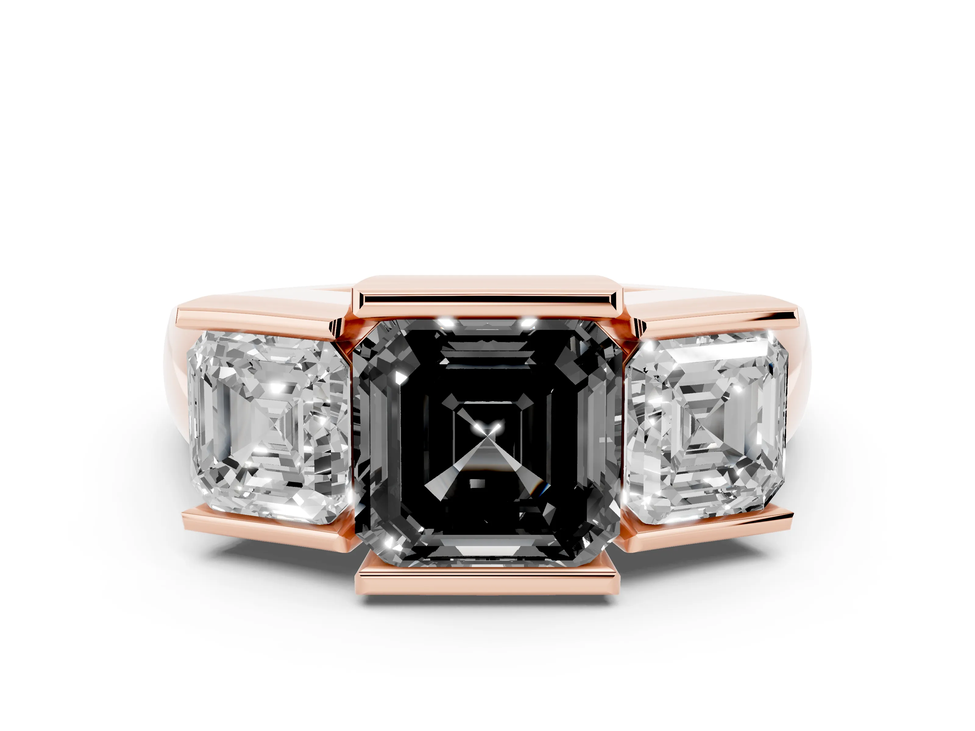 Fancy Black Asscher Cut Diamond Three-Stone Channel Set Ring Set in Rose gold with Smooth Polished Band