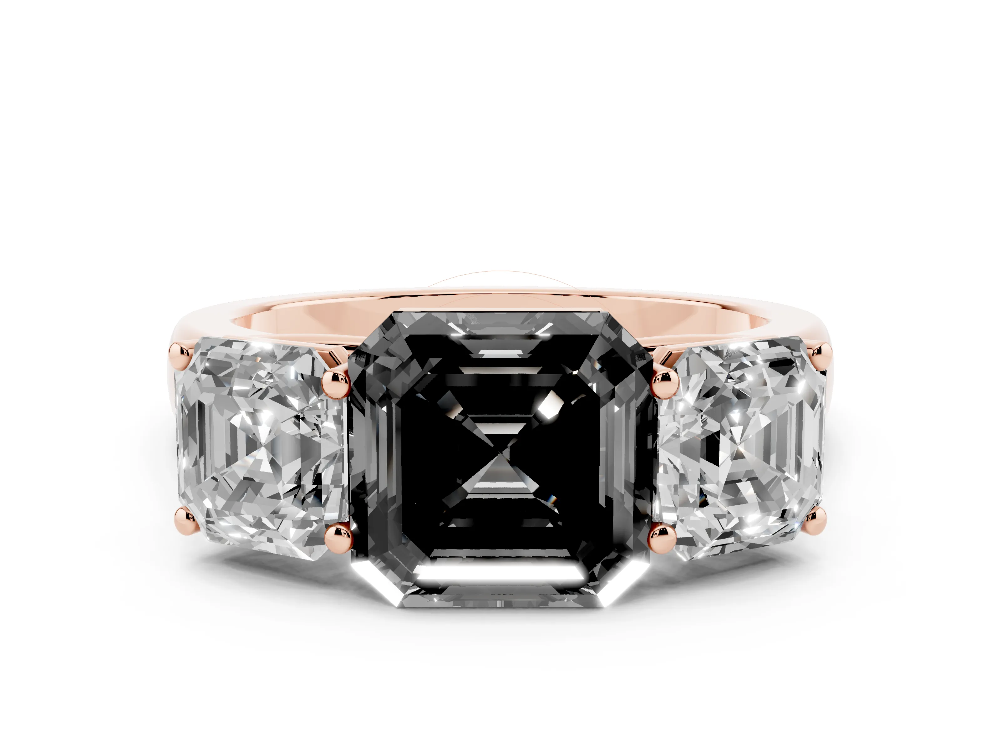 Fancy Black Asscher Cut Diamond Three-Stone Ring Set in Rose gold with Plain Polished Band