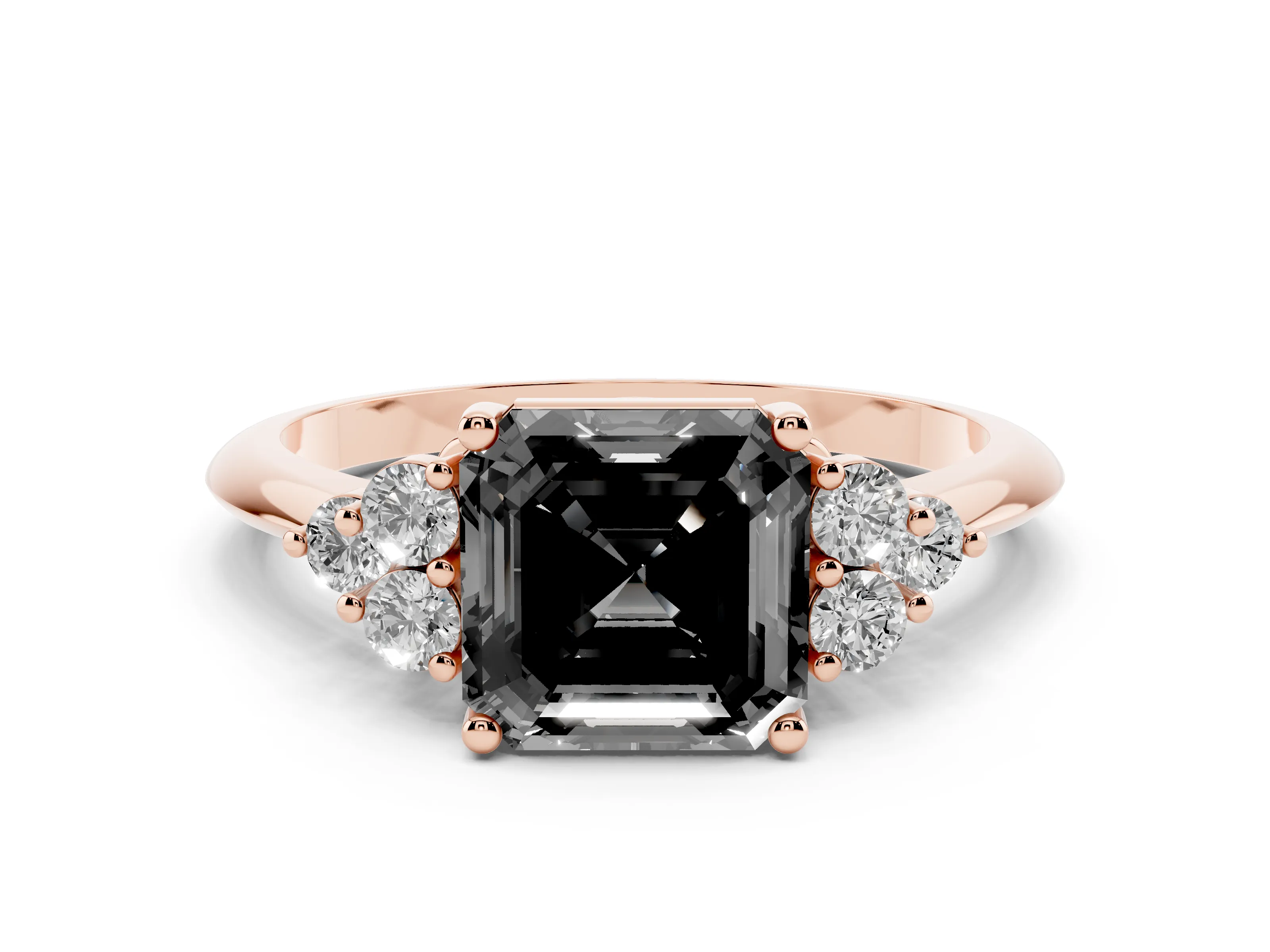 Fancy Black Asscher Cut Diamond Cluster Ring Set in Rose gold with Plain Band and Prong Setting