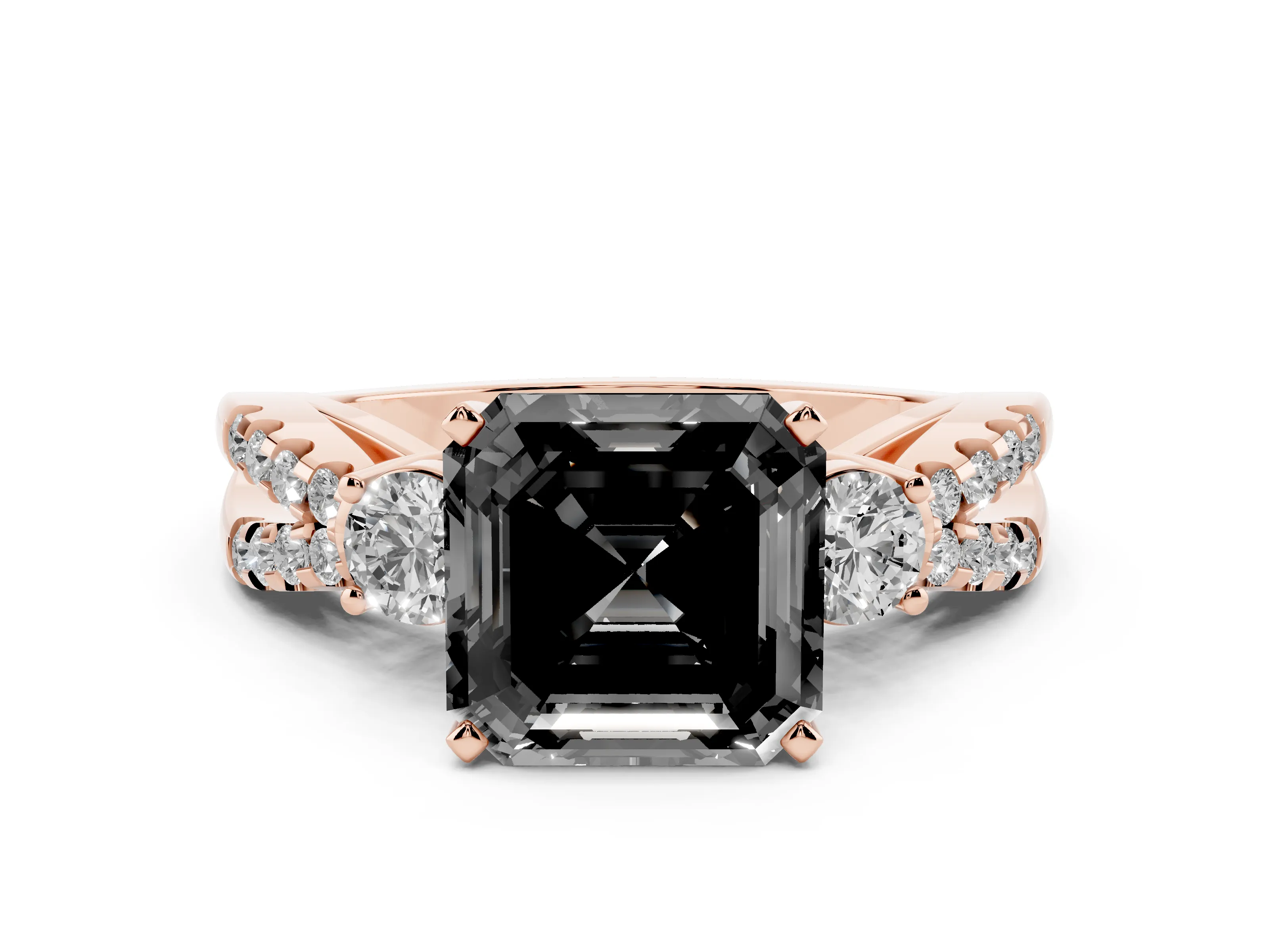 Fancy Black Asscher Cut Diamond Three-Stone Ring Set in Rose gold with Pavé Split Shank and Prong Setting