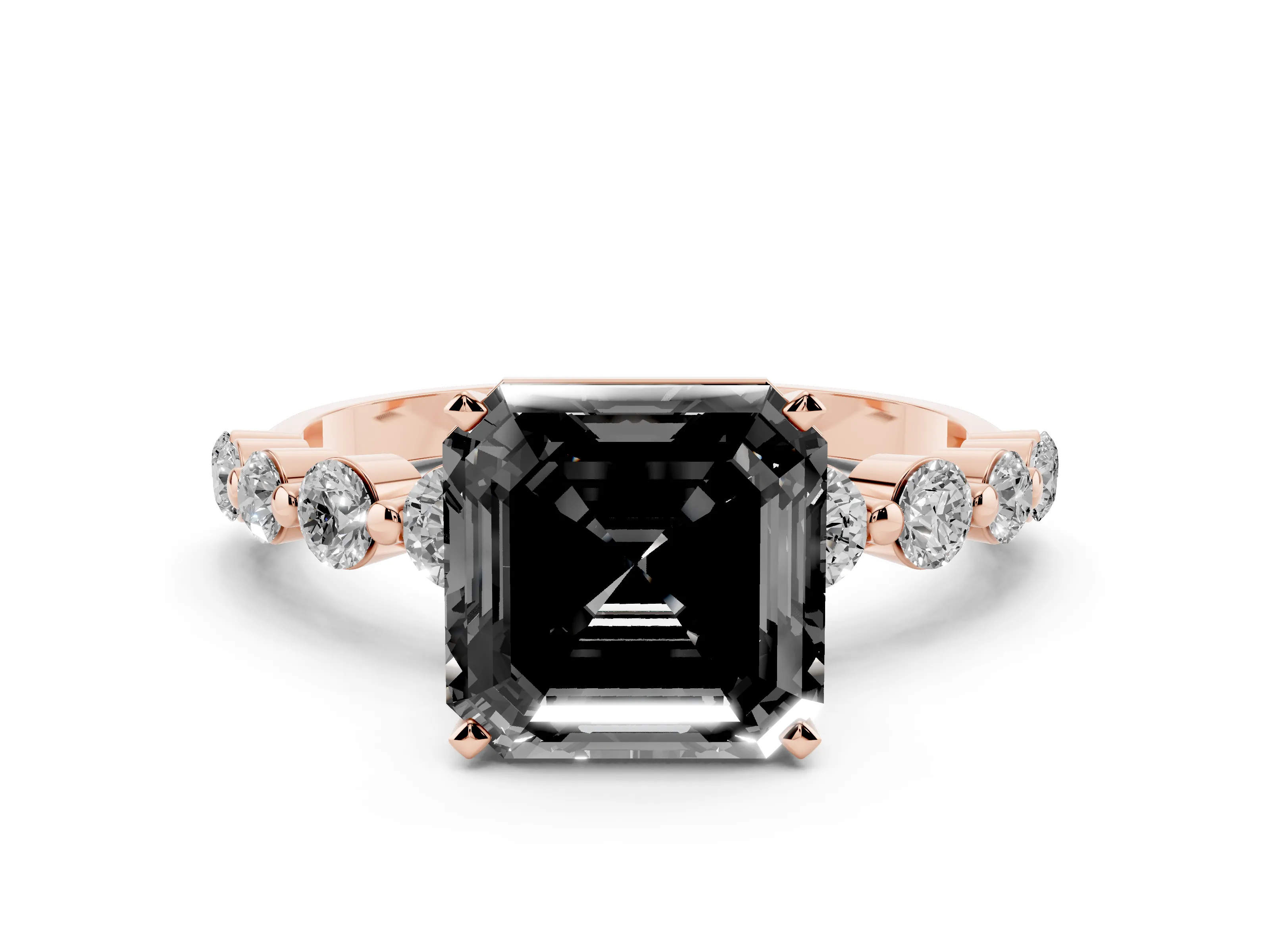 Fancy Black Asscher Cut Diamond Solitaire Ring Set in Rose gold with Pavé Band and Prong Setting
