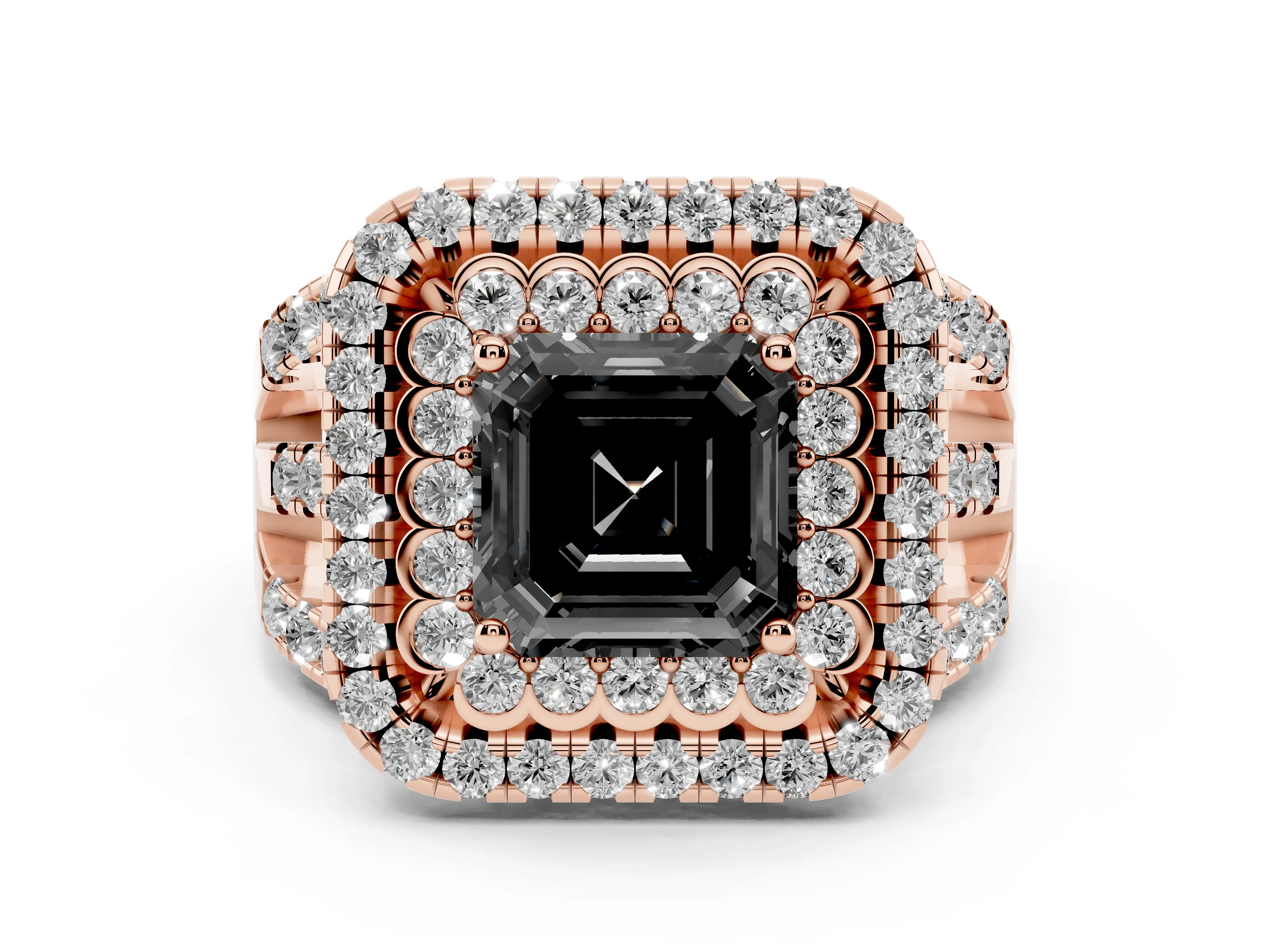 Fancy Black Asscher Cut Diamond Double Halo Ring Set in Rose gold with Round Pavé Split Shank