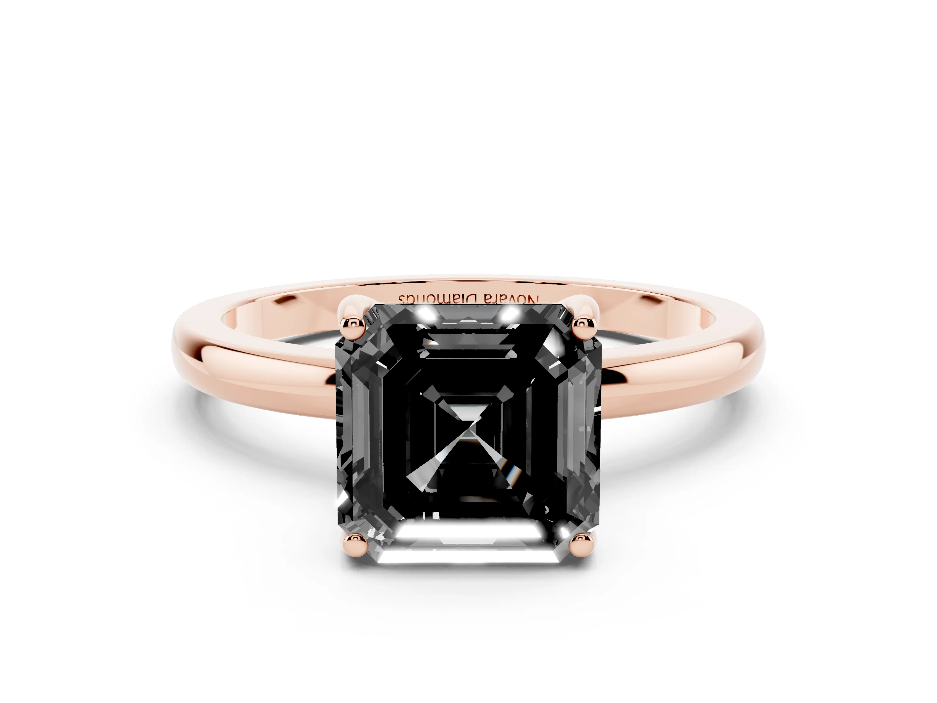 Fancy Black Asscher Cut Diamond Solitaire Ring Set in Rose gold with Plain Band and Prong Setting