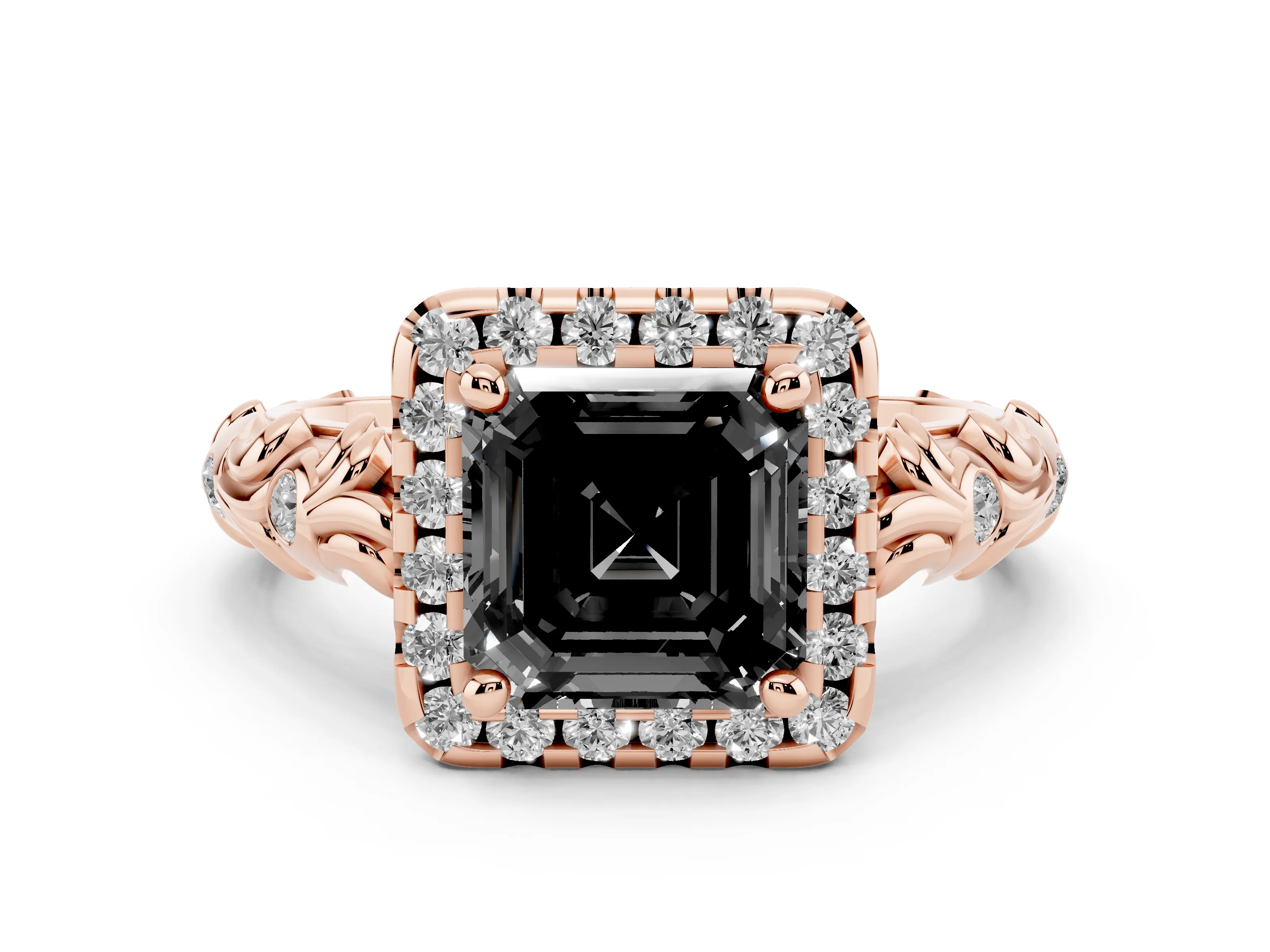 Fancy Black Asscher Cut Diamond Halo Ring Set in Rose gold with Filigree Leaf Band and Prong Setting