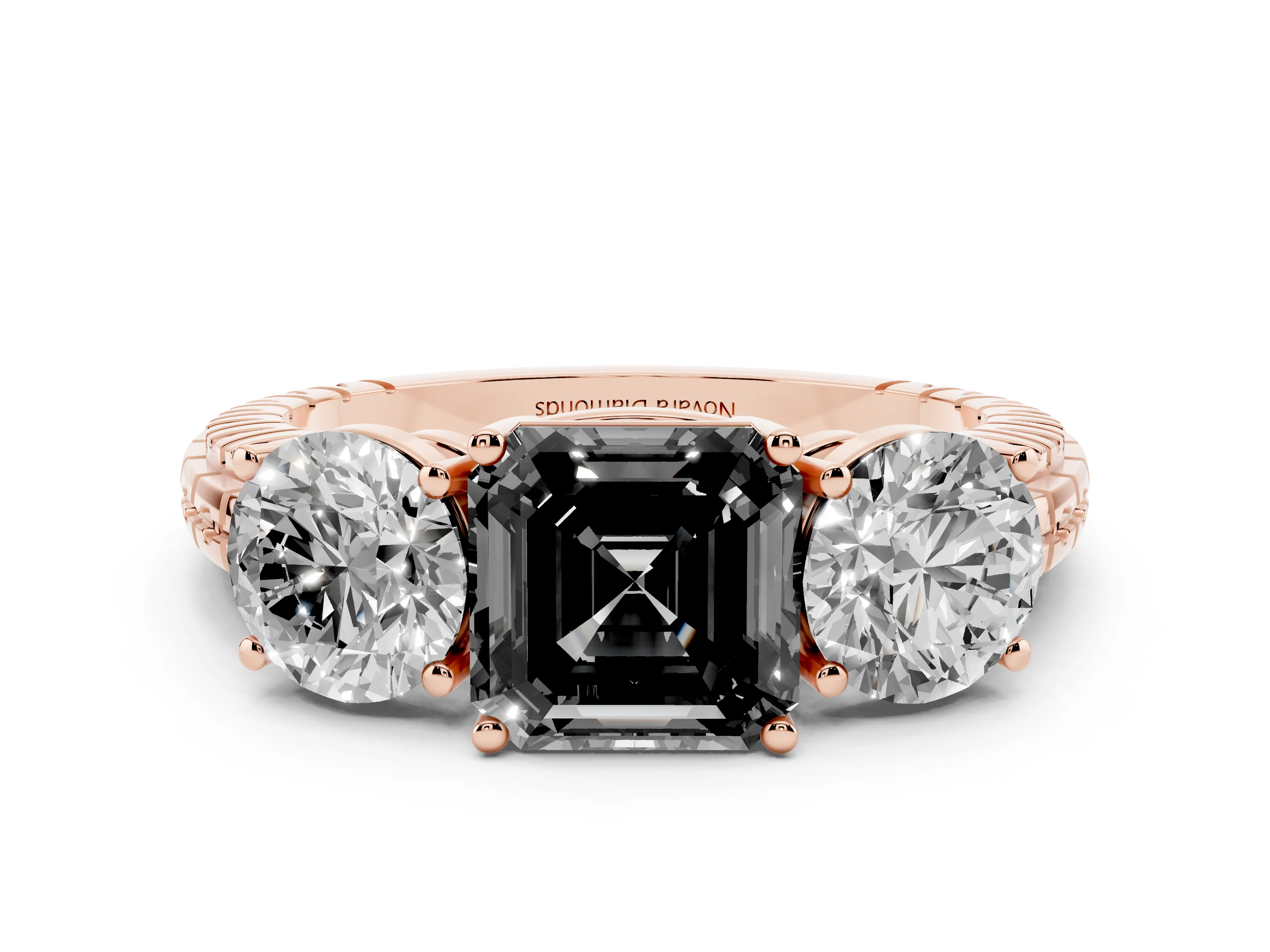 Fancy Black Asscher Cut Diamond Three-Stone Ring Set in Rose gold with Channel-Set Accent Band