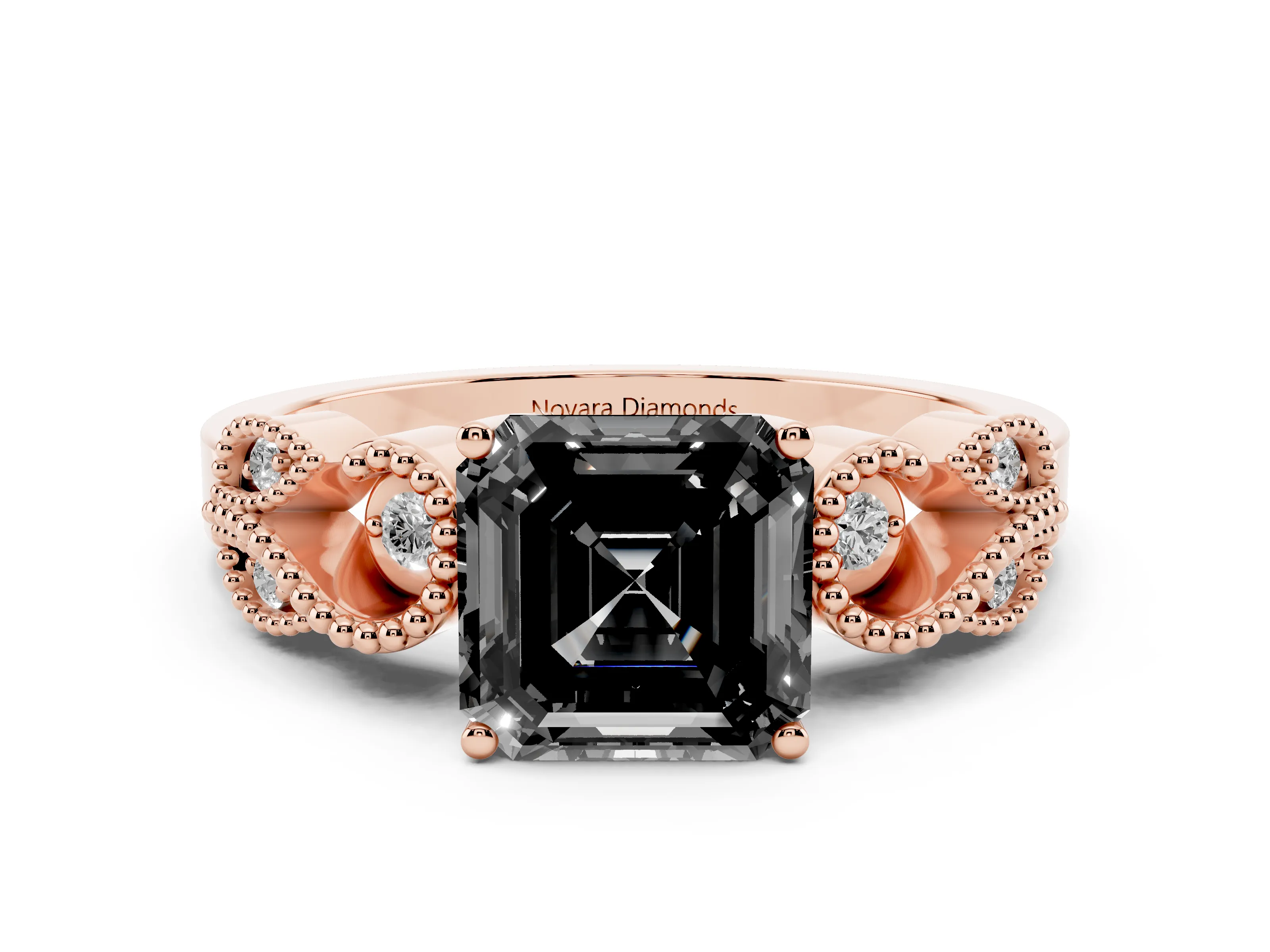 Fancy Black Asscher Cut Diamond Milgrain Leaf Band Solitaire Ring Set in Rose gold with Accent Stones and Prong Setting