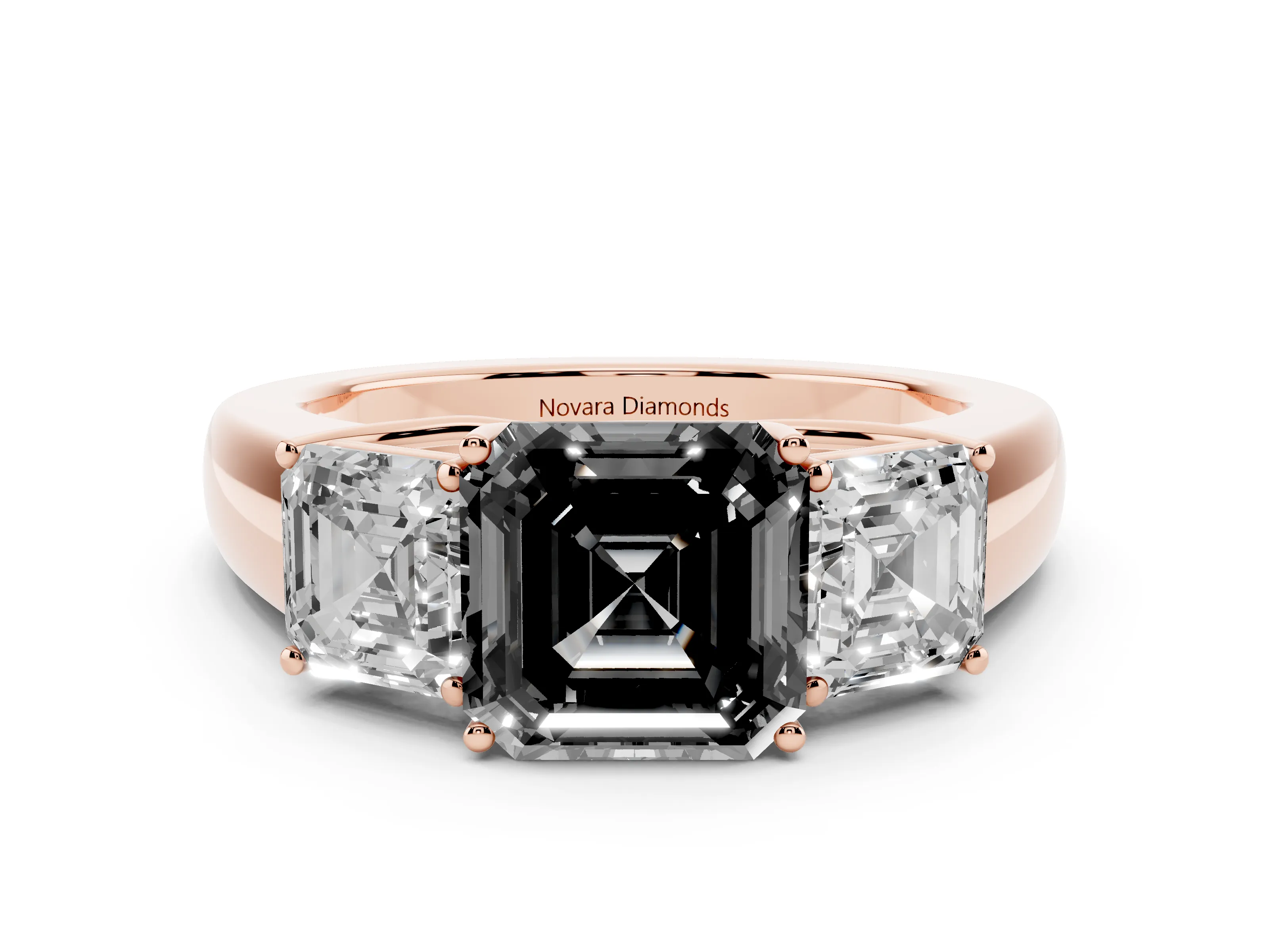 Fancy Black Three-Stone Asscher Cut Diamond Ring Set in Rose gold with Matching Prong Settings and Plain Band
