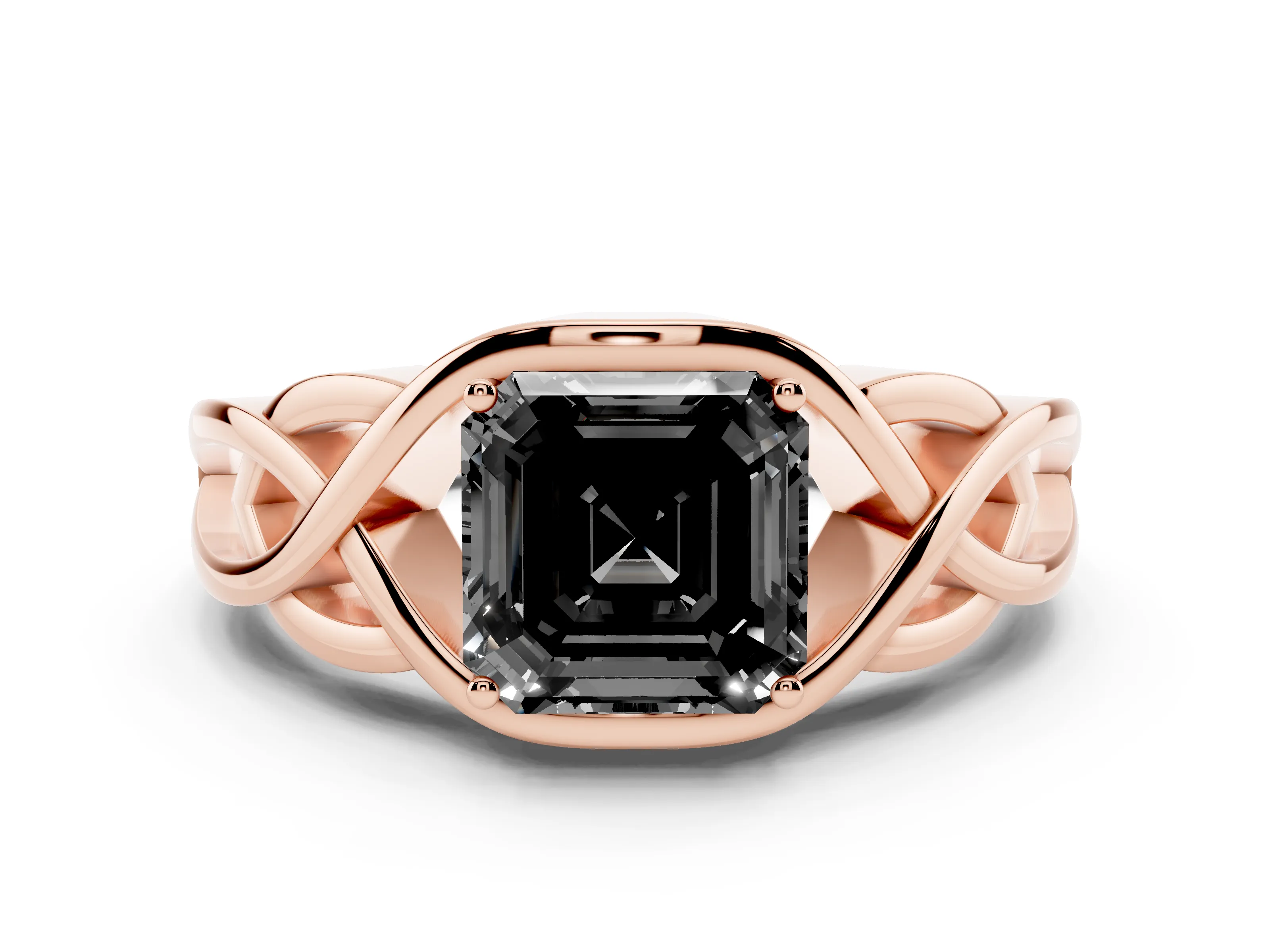 Fancy Black Asscher Cut Diamond Solitaire Ring Set in Rose gold with Intertwined Band