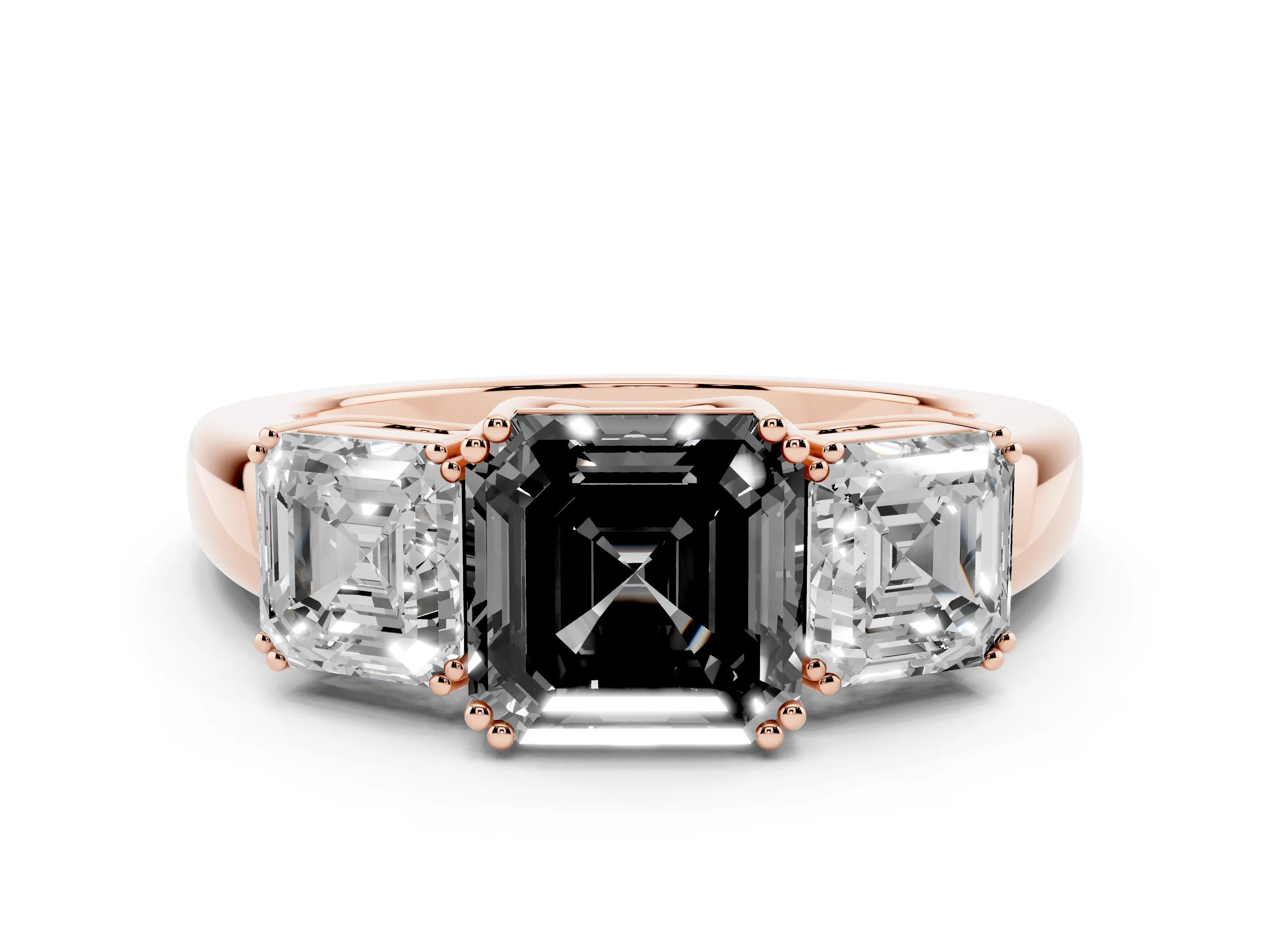 Fancy Black Asscher Cut Diamond Three-Stone Ring Set in Rose gold with Polished Band and Prong Setting