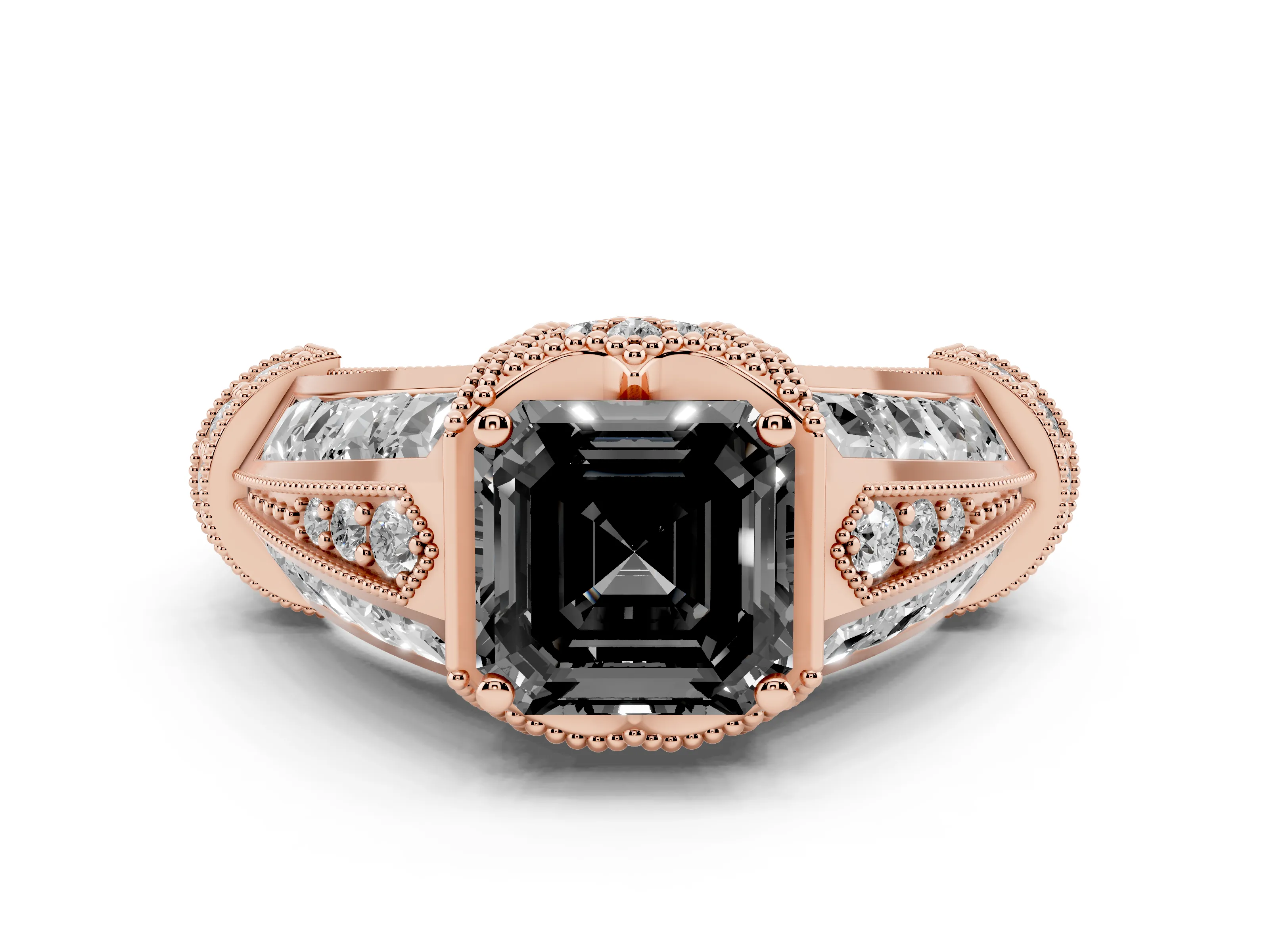 Fancy Black Asscher Cut Diamond Vintage-Inspired Milgrain Ring Set in Rose gold with Accent Split Shank