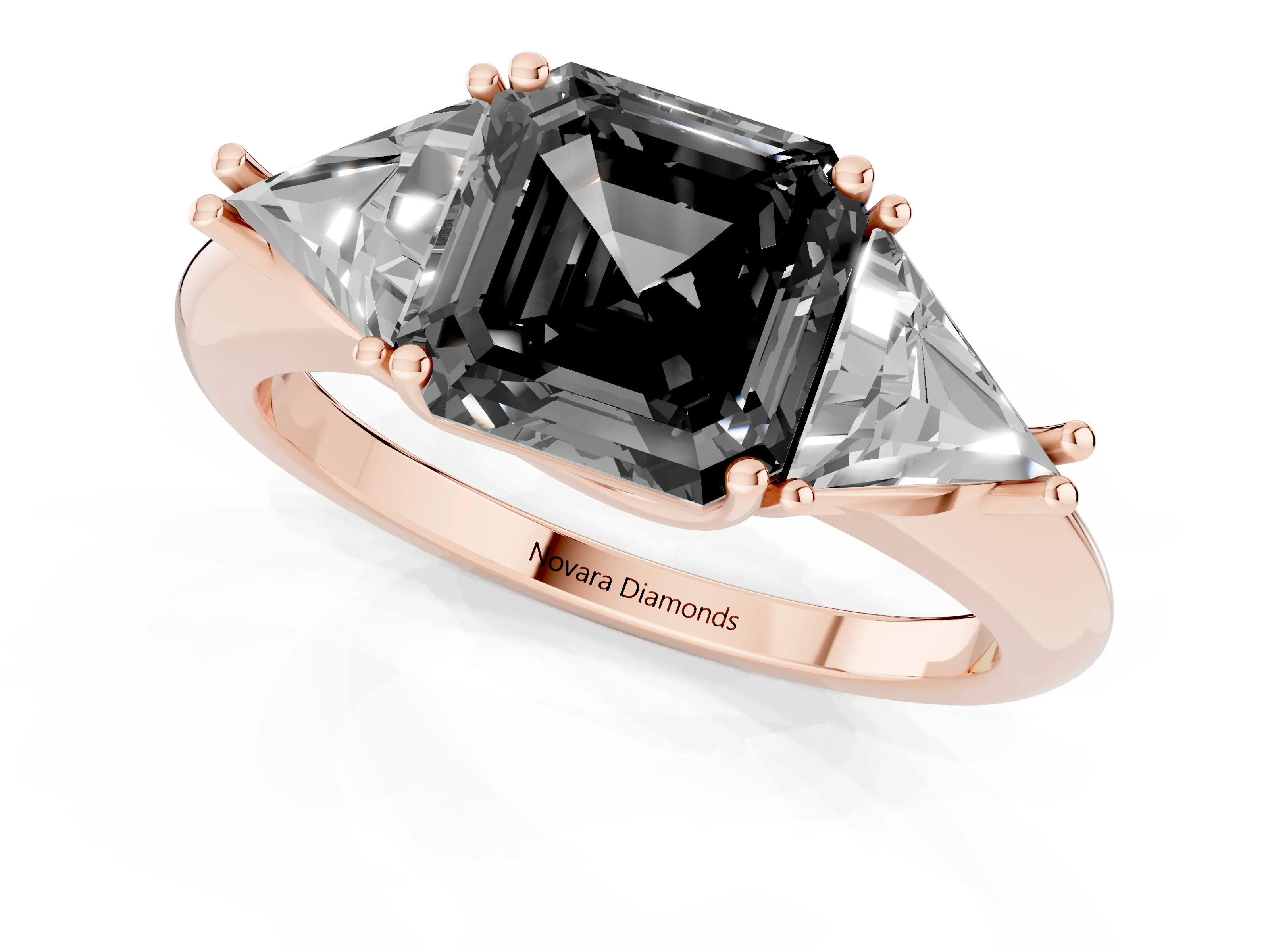 Fancy Black Asscher Cut Diamond Three-Stone Engagement Ring Set in Rose gold with Trillion Side Stones
