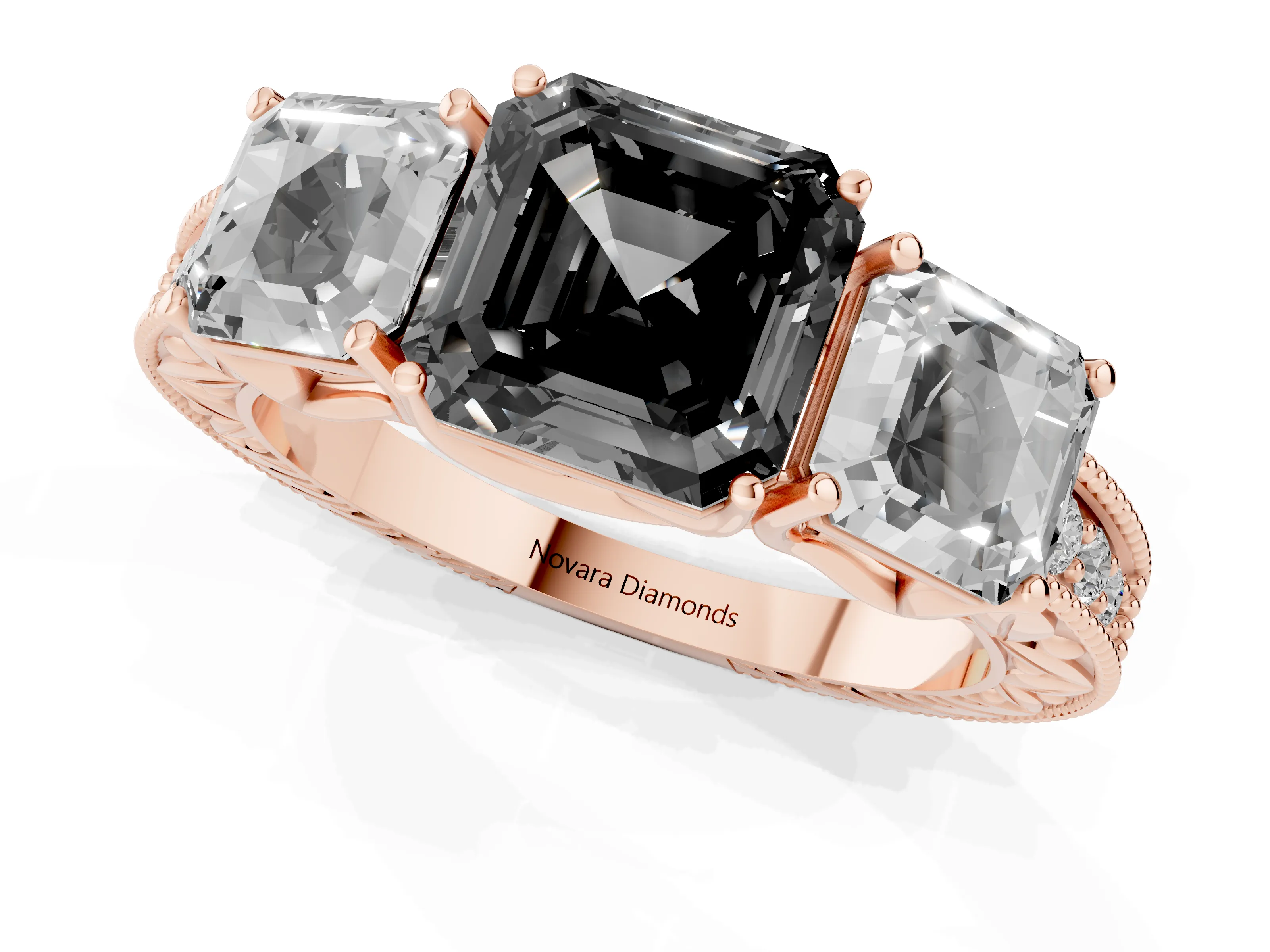 Fancy Black Asscher Cut Diamond Three-Stone Engagement Ring Set in Rose gold with Milgrain Pavé Band