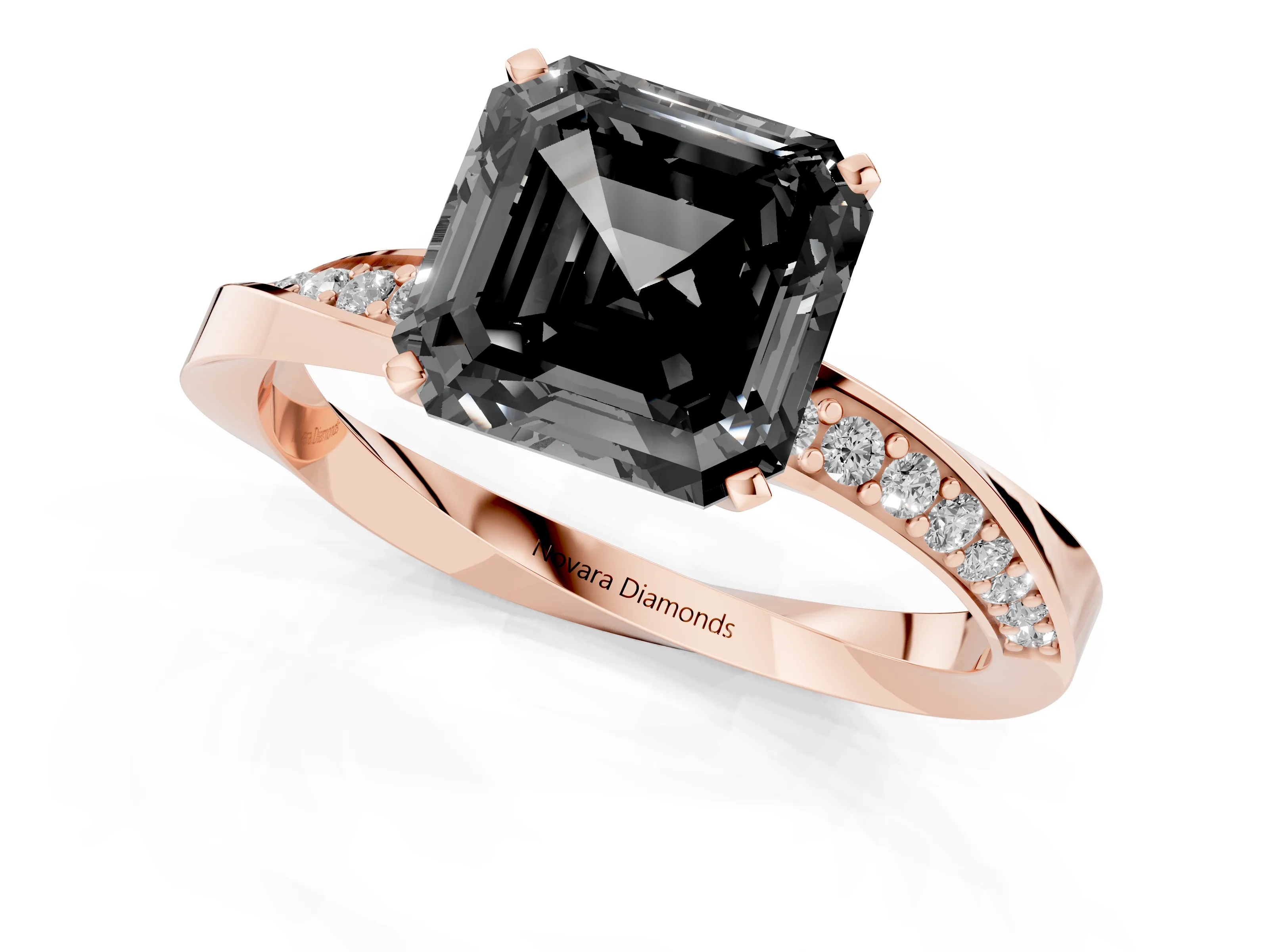 Fancy Black Asscher Cut Diamond Engagement Ring Set in Rose gold with Side Stone Accents and Prong Setting
