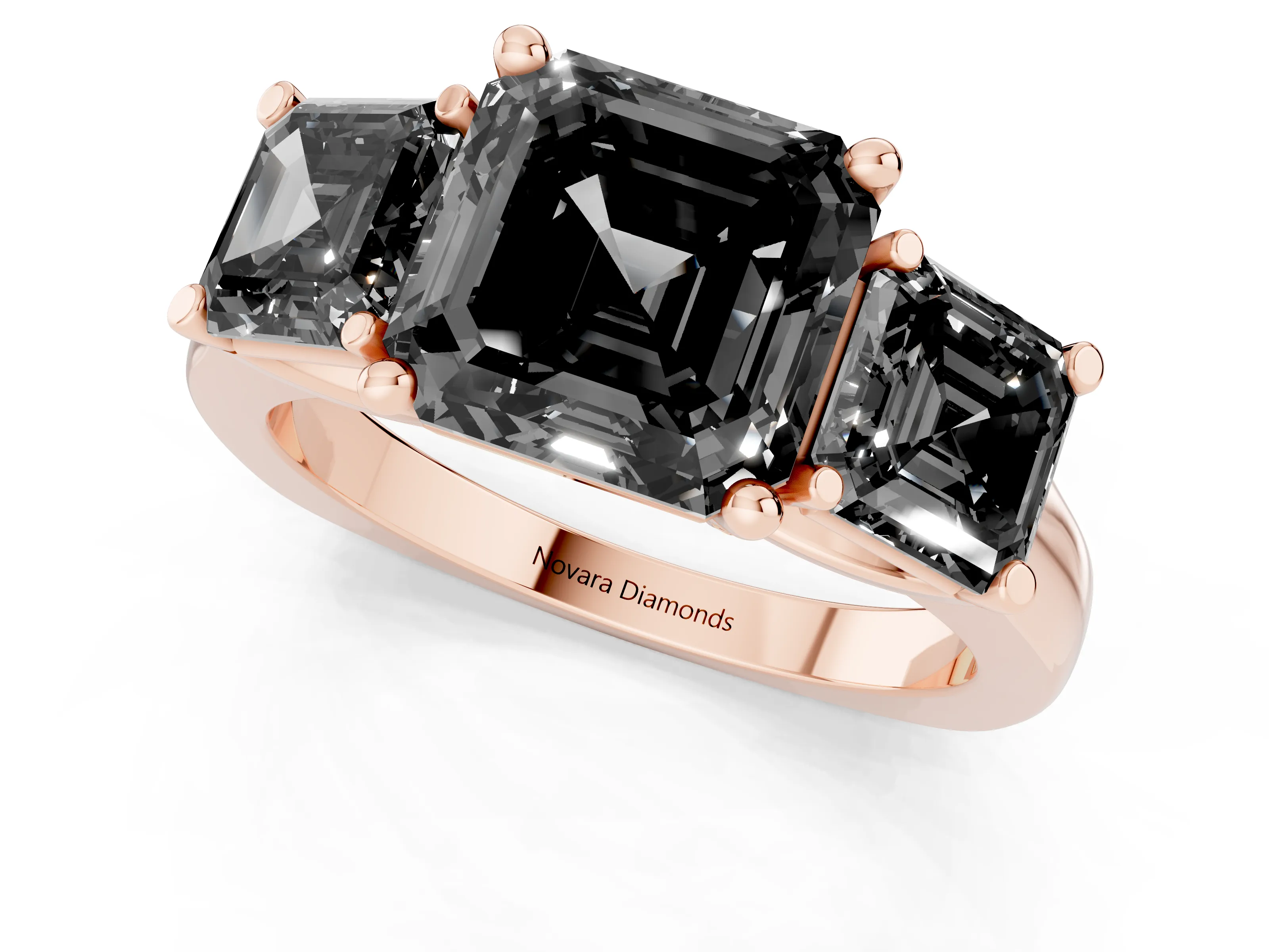 Fancy Black Asscher Cut Diamond Three-Stone Trellis Ring Set in Rose gold with Comfort Fit Band
