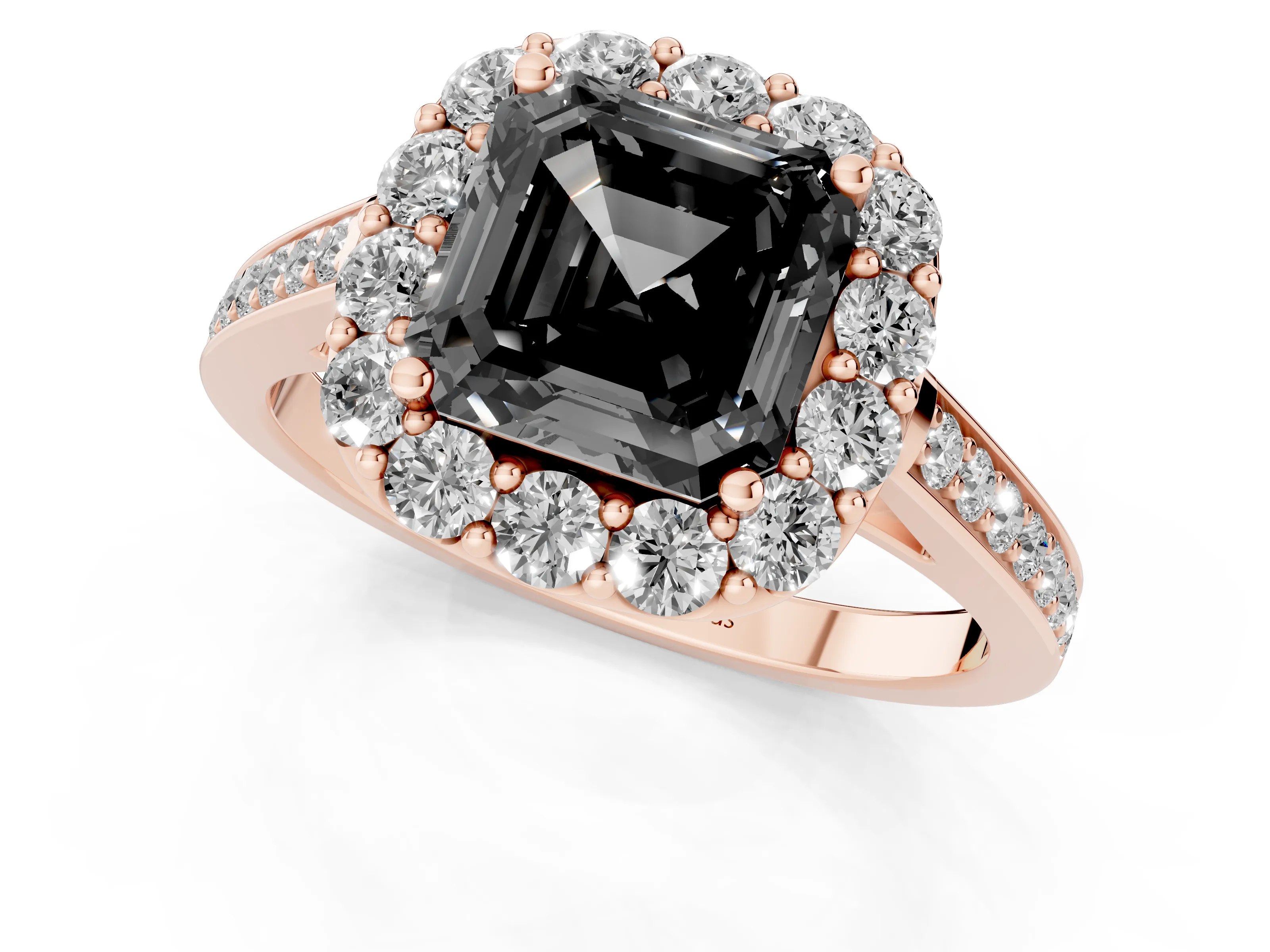Fancy Black Asscher Cut Diamond Floral Halo Ring Set in Rose gold with Pavé Band and Prong Setting