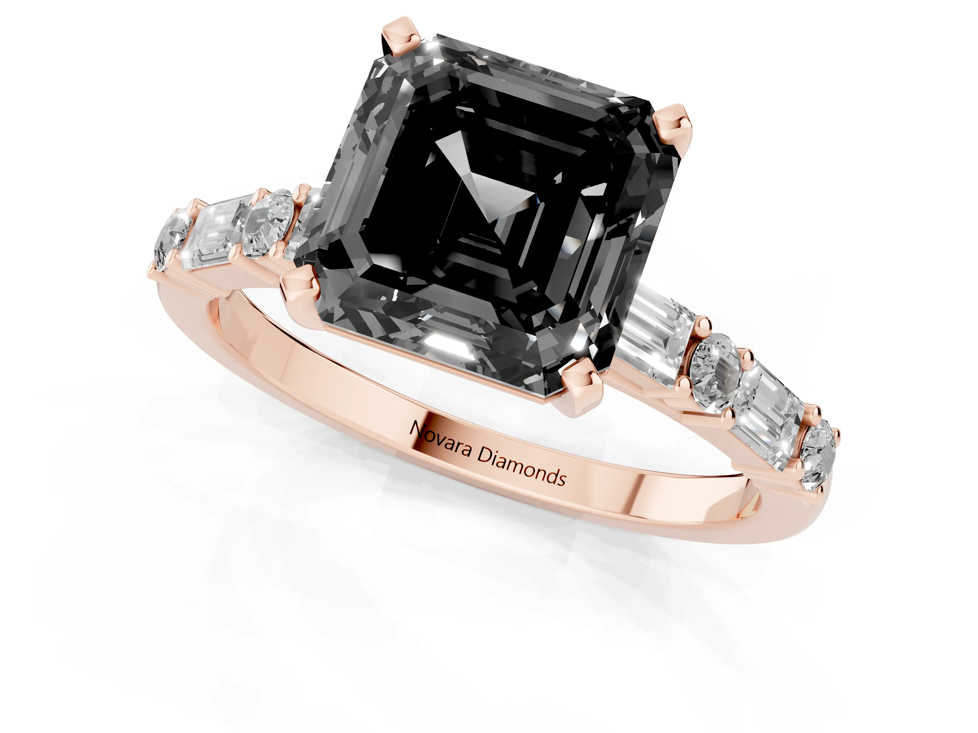 Fancy Black Asscher Cut Diamond Solitaire Set in Rose gold with Side Baguettes and Channel Set Band