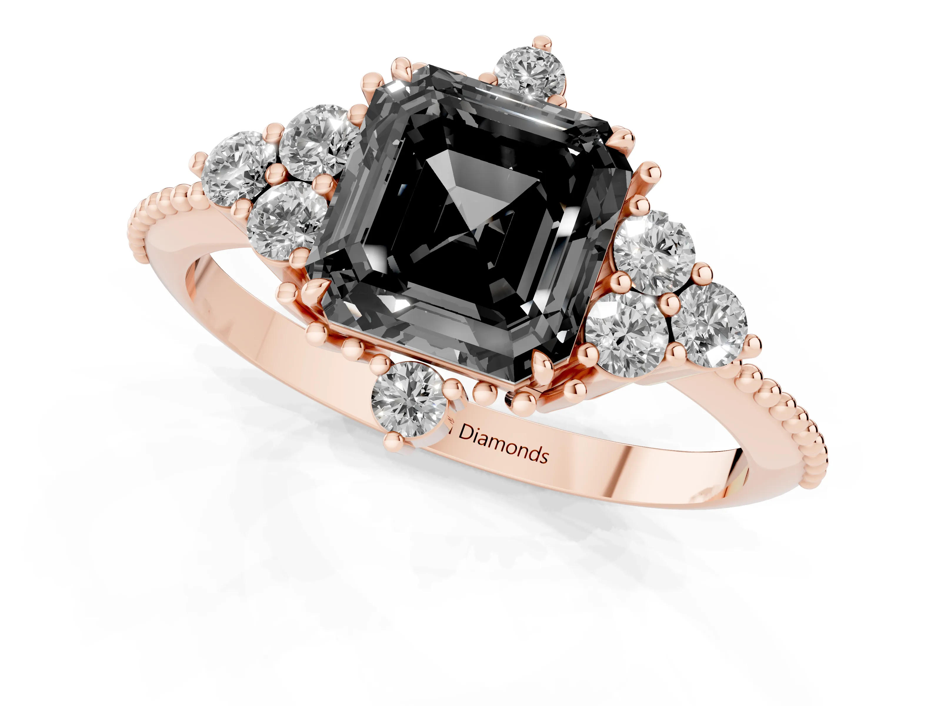 Fancy Black Asscher Cut Diamond Cluster Ring Set in Rose gold with Beaded Band