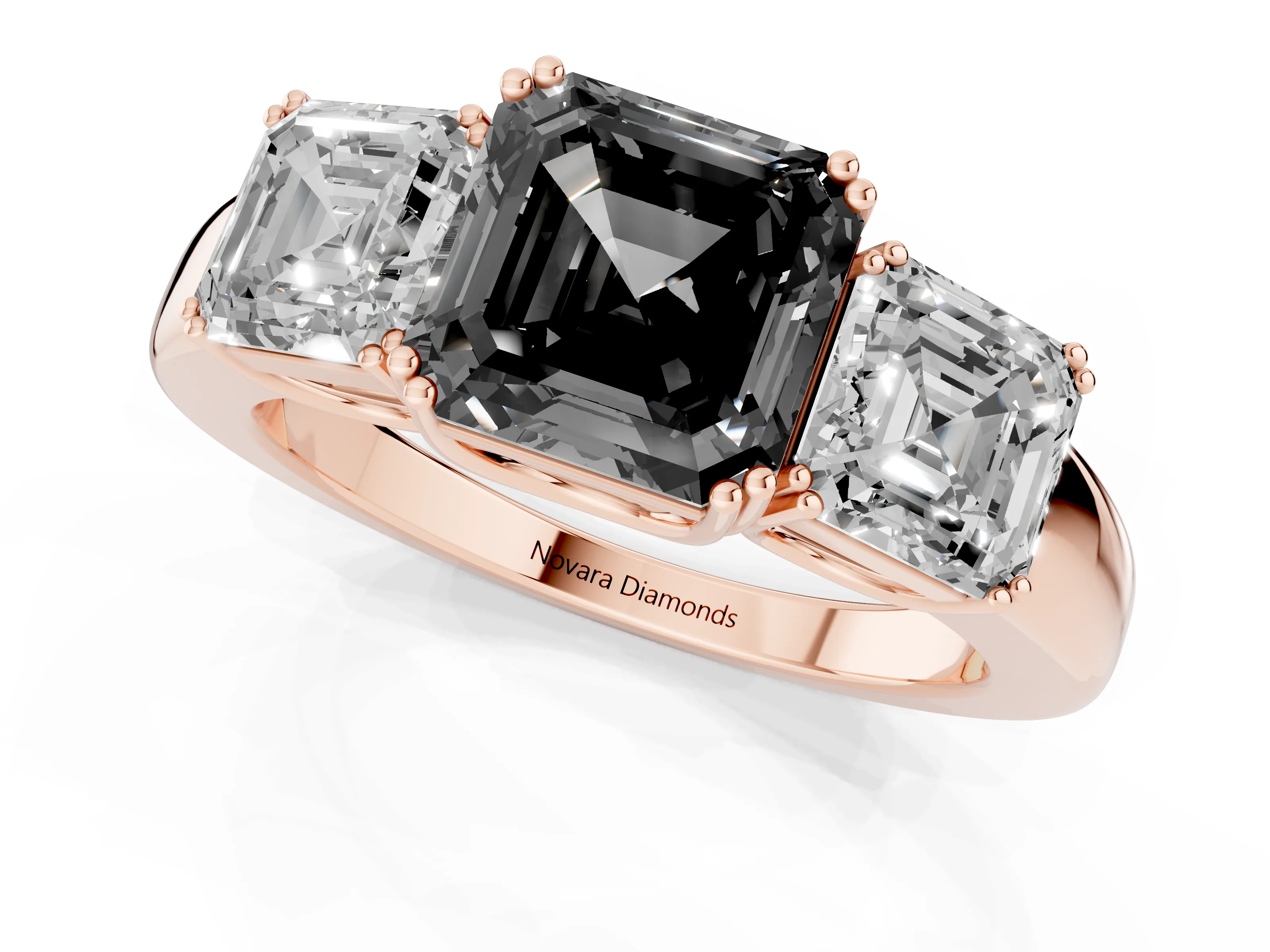 Fancy Black Asscher Cut Diamond Three-Stone Ring Set in Rose gold with Polished Band and Prong Setting