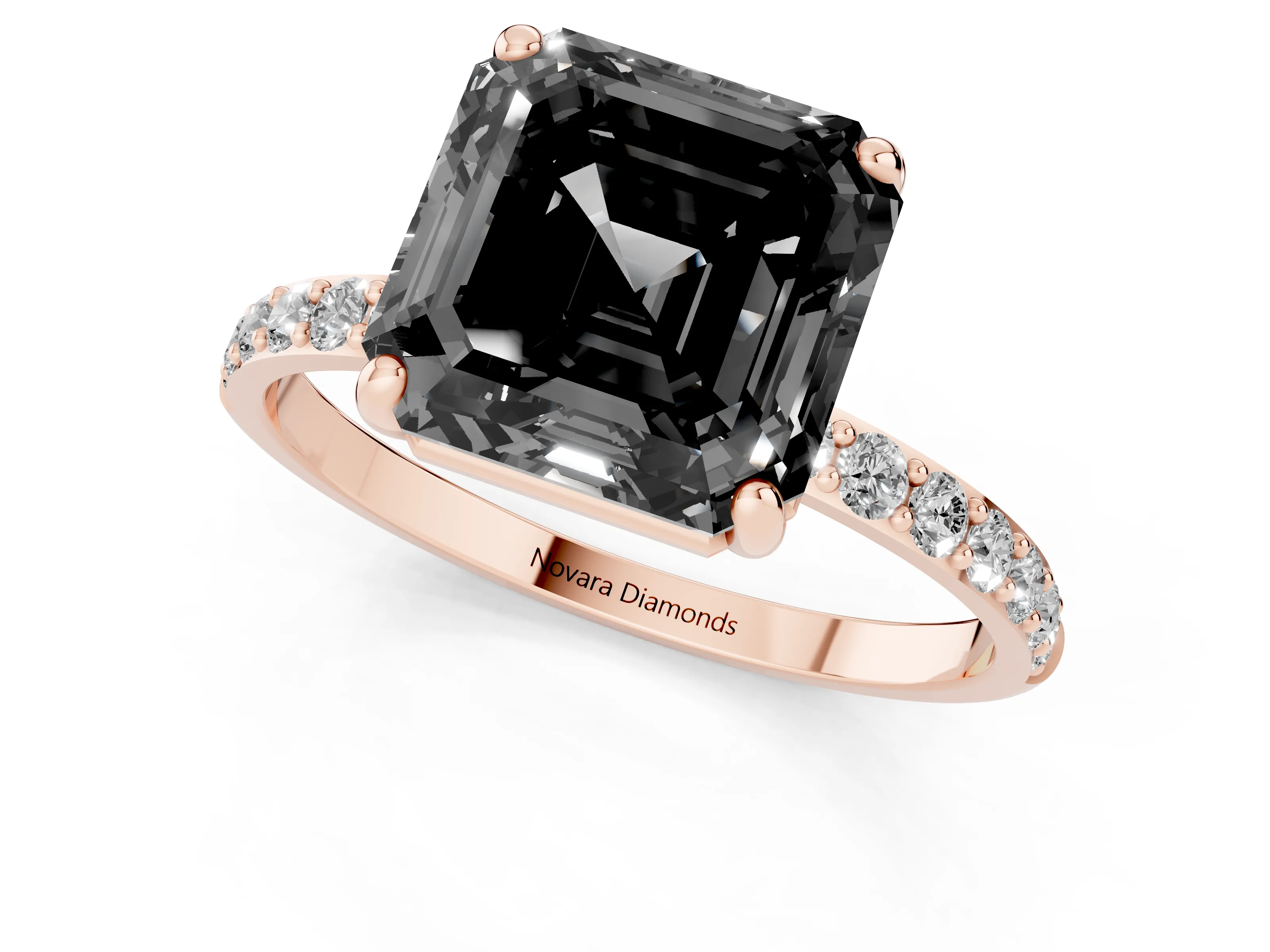 Fancy Black Asscher Cut Diamond Solitaire Ring Set in Rose gold with Round Pavé Band and Prong Setting