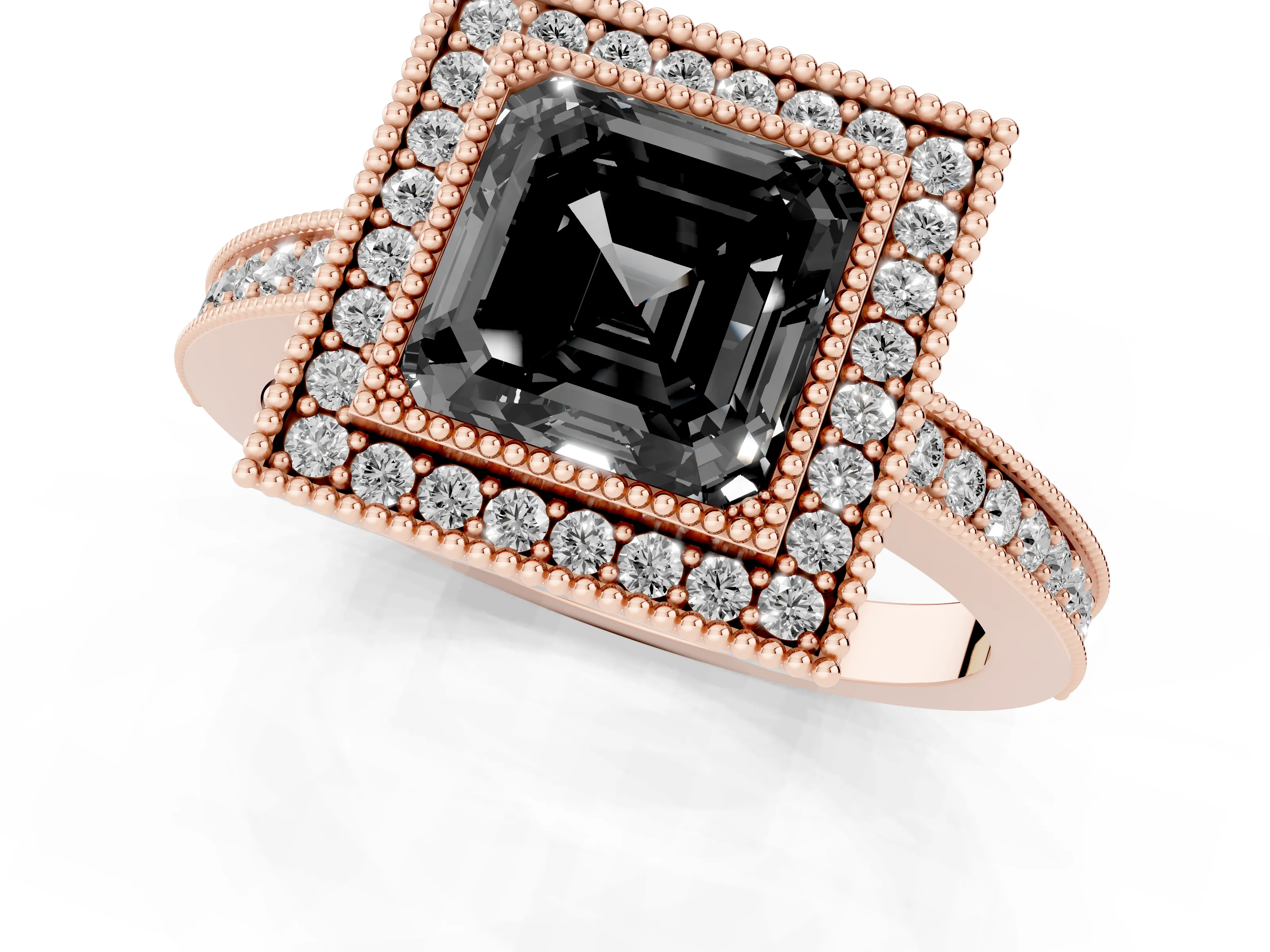 Fancy Black Asscher Cut Diamond Round Halo Ring Set in Rose gold with Pavé Band