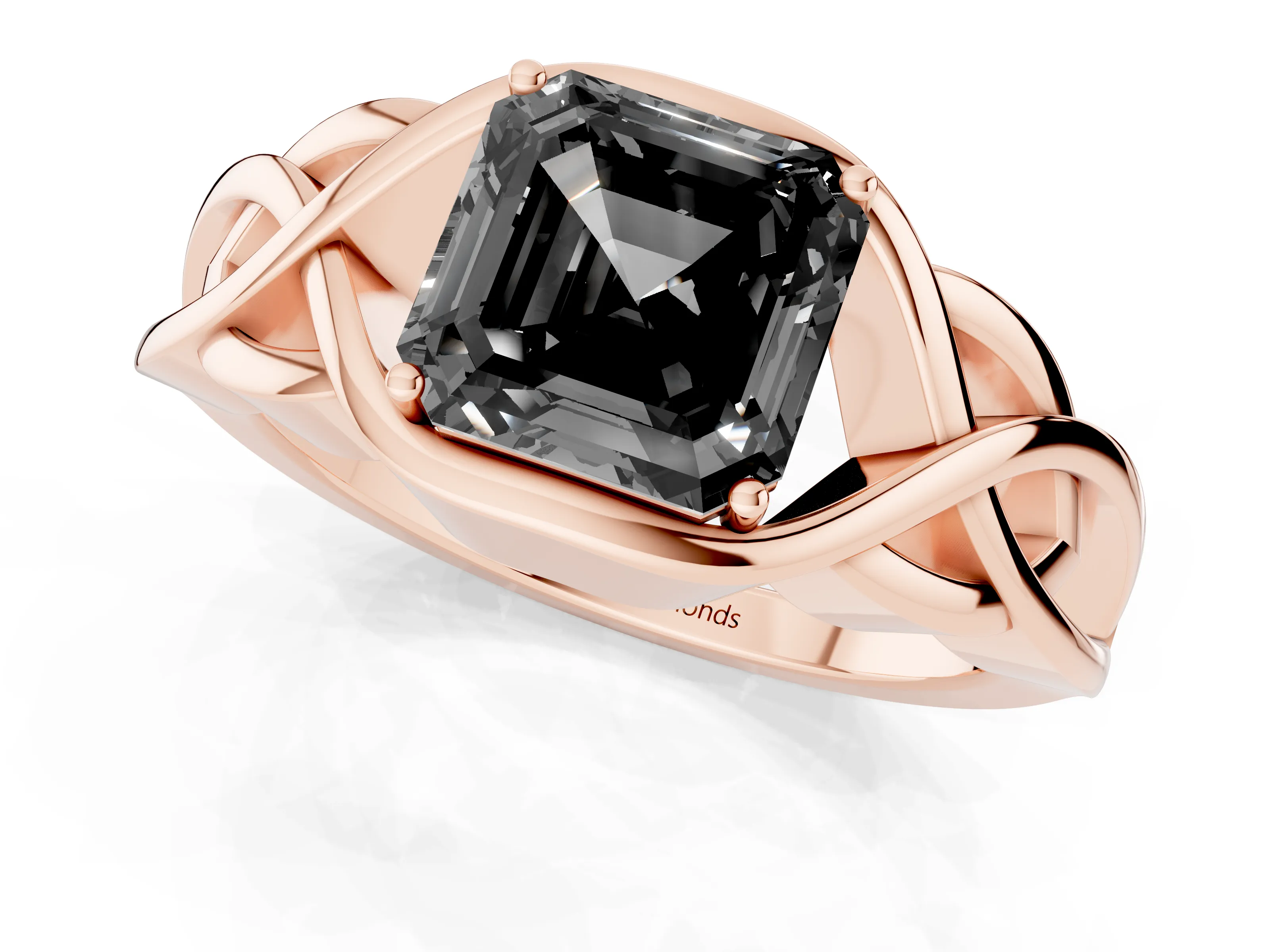Fancy Black Asscher Cut Diamond Solitaire Ring Set in Rose gold with Intertwined Band